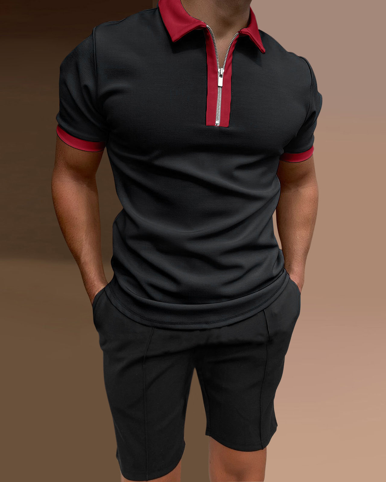 Conjunto de dos piezas camisa polo casual de color sólido para hombre