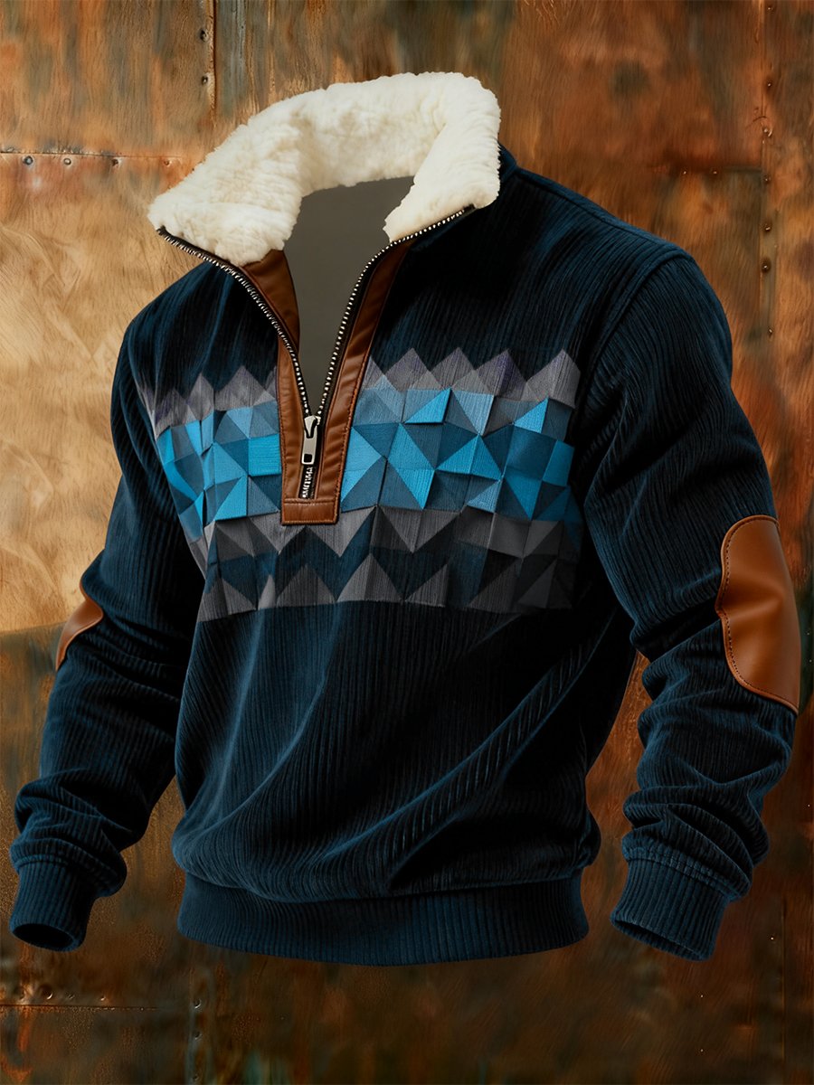 Sudadera retro geométrico Quarter Zip polar Neck para hombre