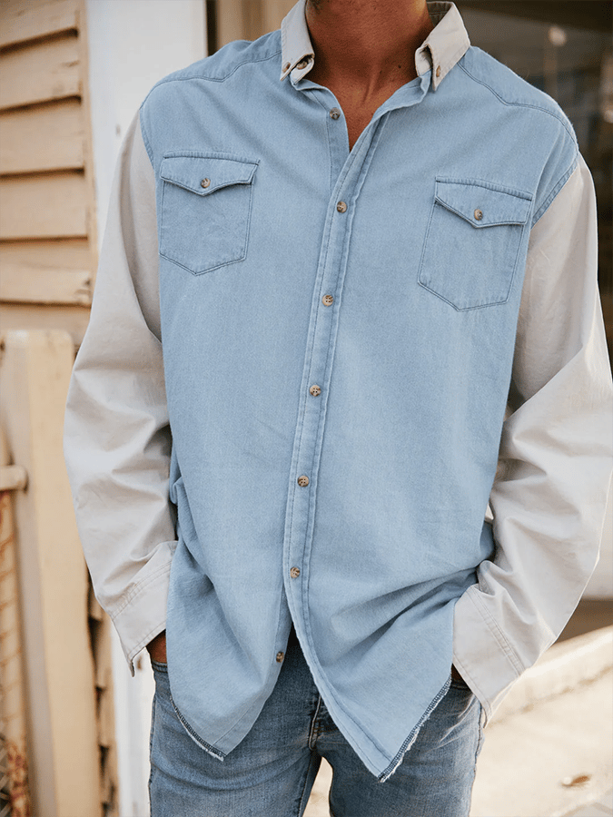 Camisa retro Western Ethnic Style de color sólido para hombre