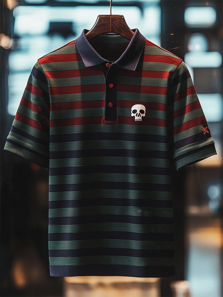 Camisa polo ejecutivo casual a rayas Skull Button de manga corta para hombre