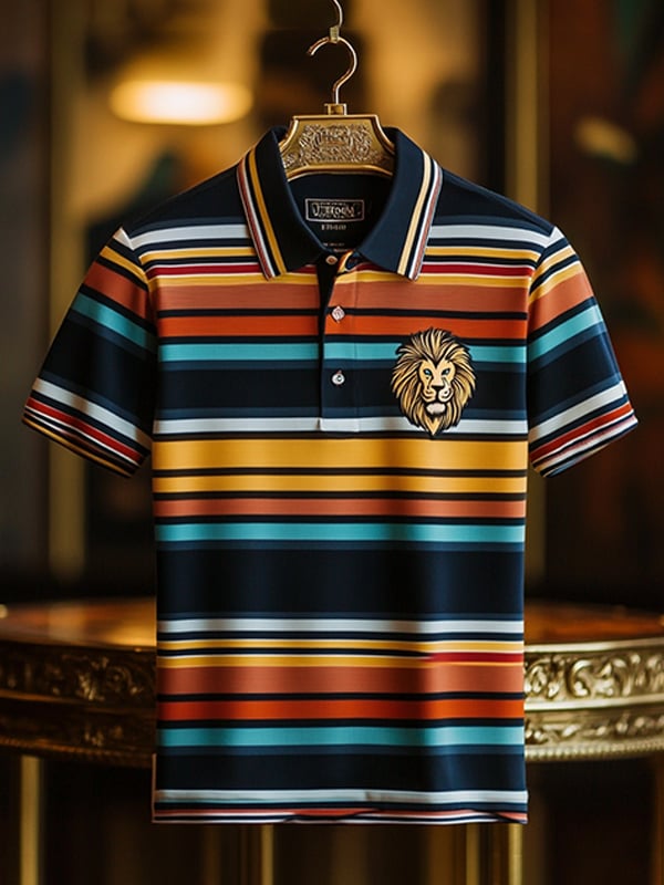 Camisa polo ejecutivo rayas Logo con botones de manga corta para hombre