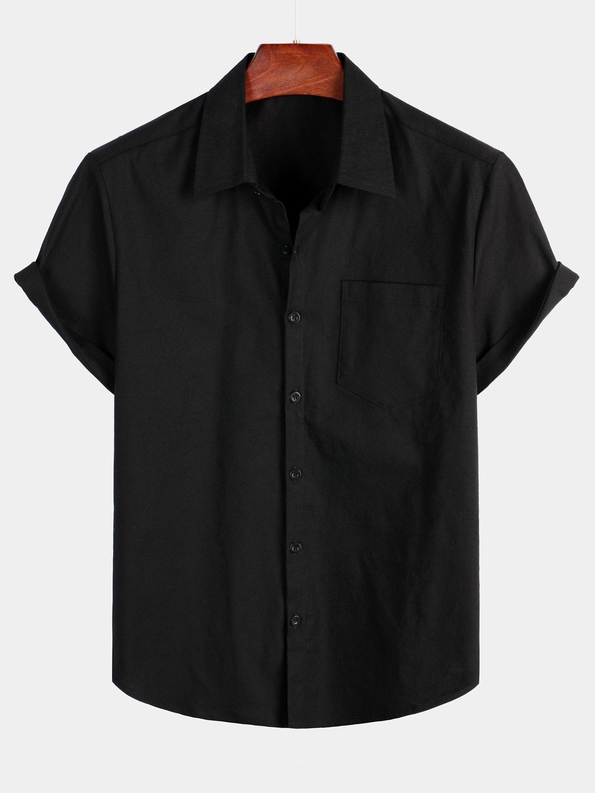 Camisa de color sólido de lino de algodón Pocket casual de manga corta para hombre