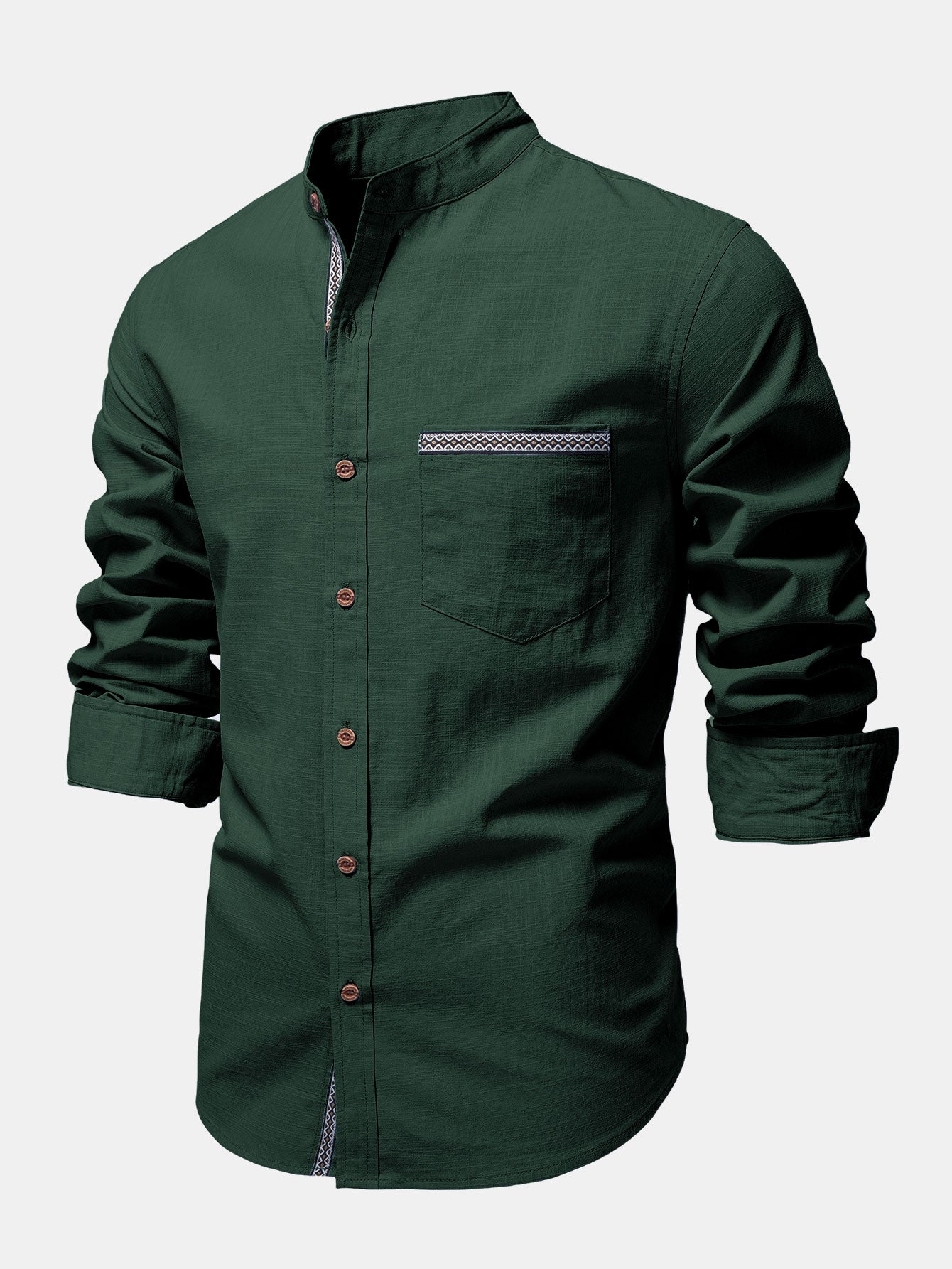 Camisa Contrast Trim de lino Look Stand Collar