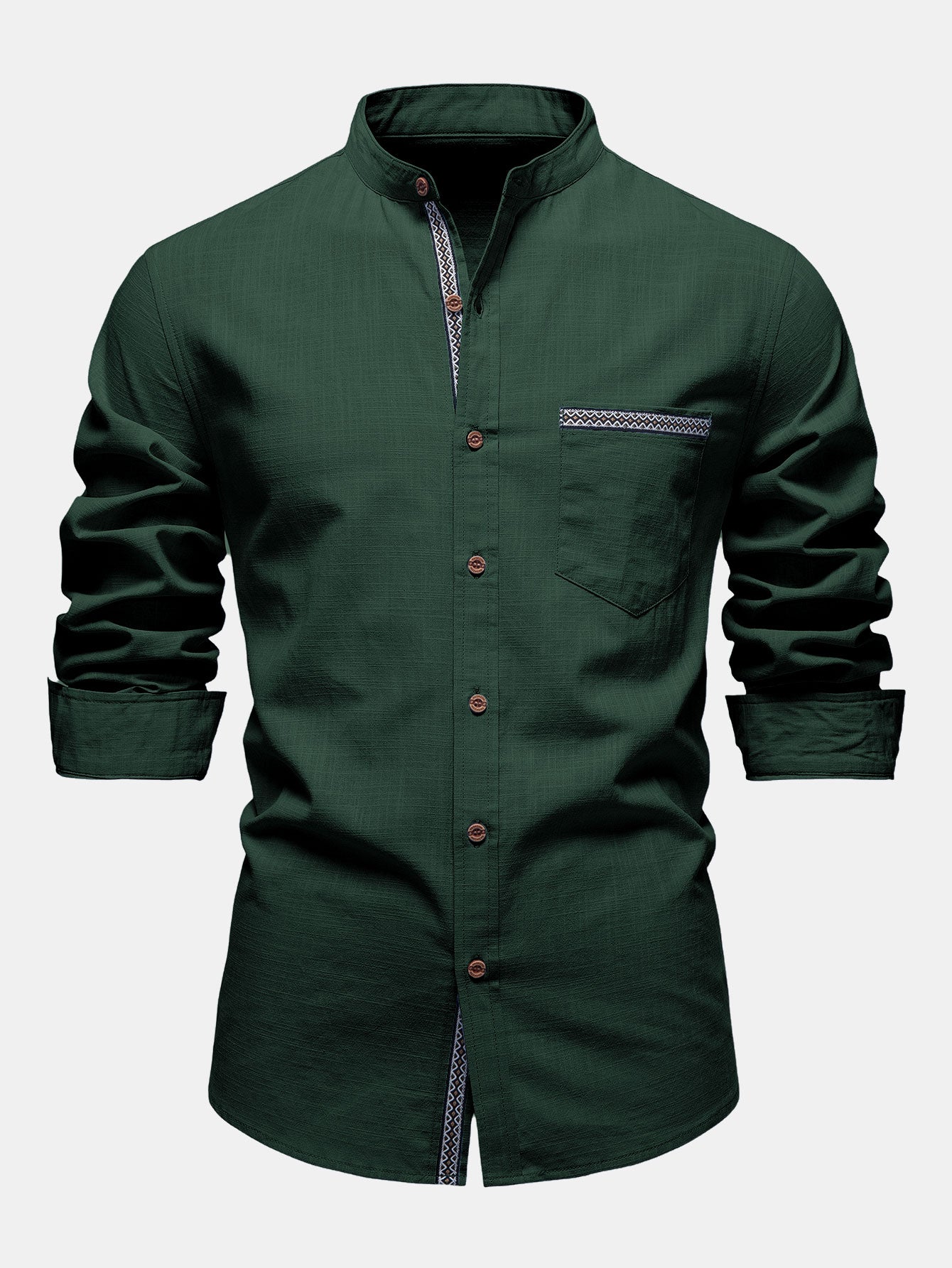 Camisa Contrast Trim de lino Look Stand Collar