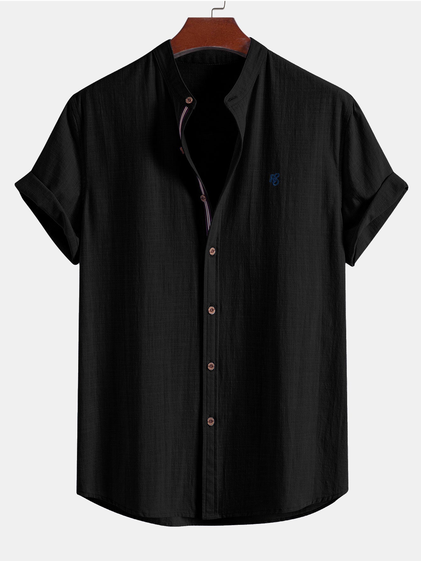 Camisa de manga corta de lino Look Stand Collar