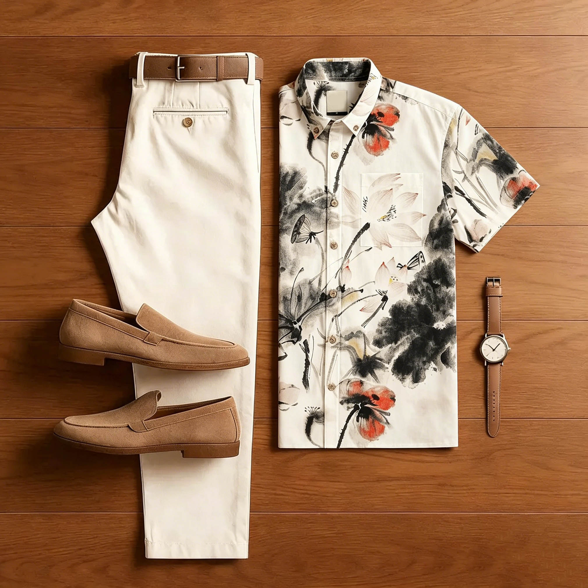 Conjunto de dos piezas Men Chinese Ink Lotus estampado de manga corta camisa & Beige pantalón