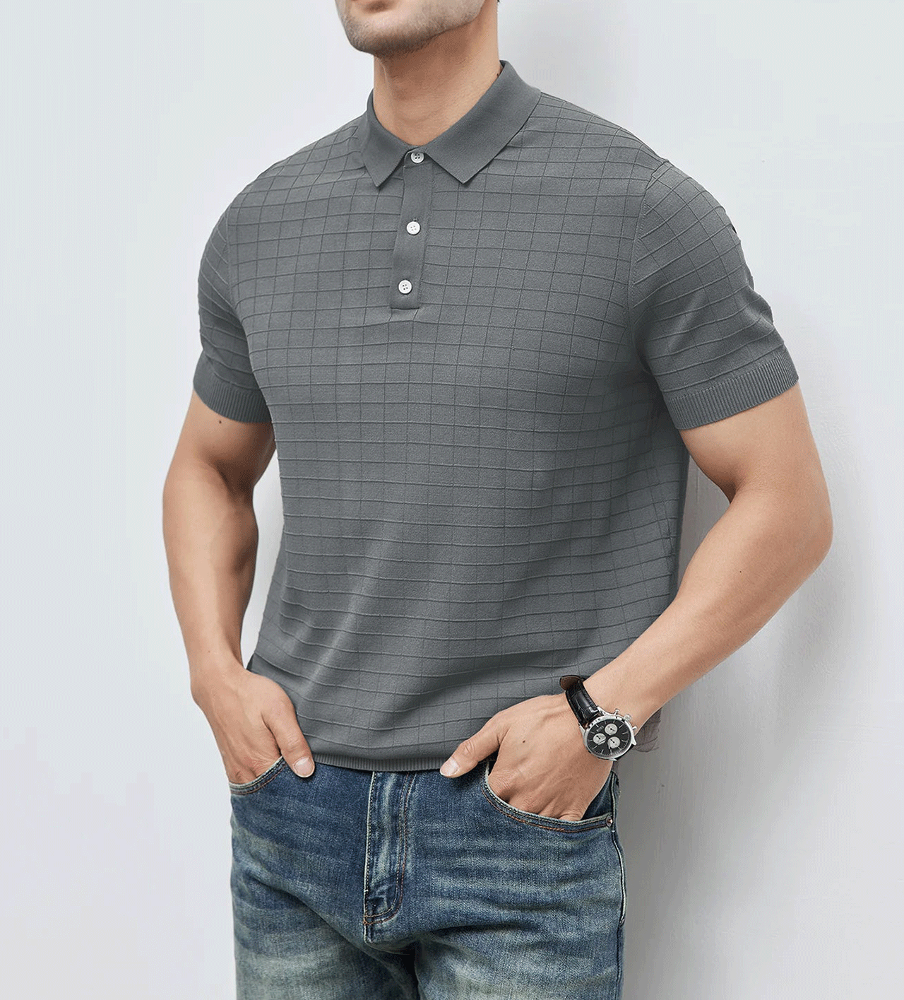 Gentletejido Checkered de manga corta tejidoted Polo