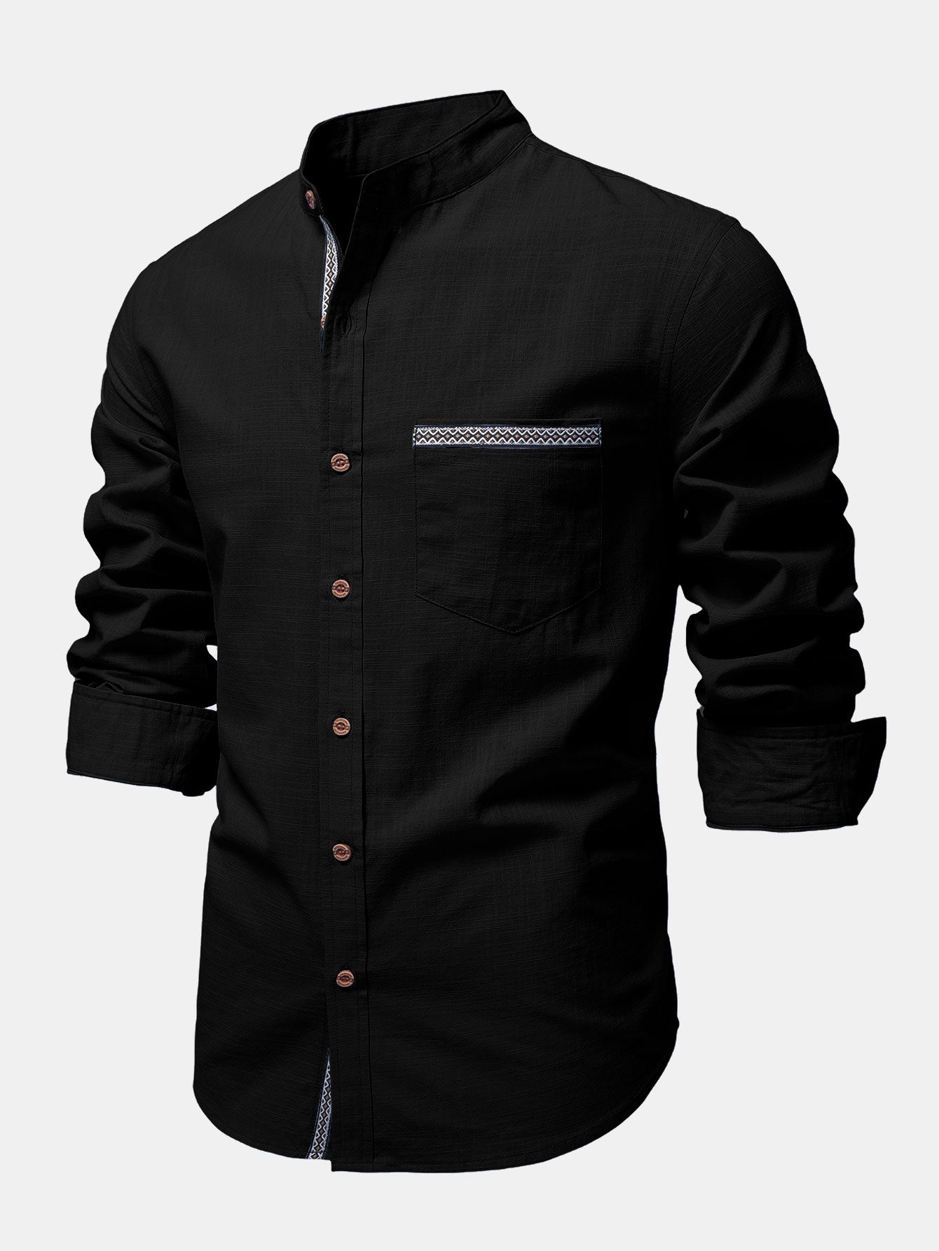 Camisa Contrast Trim de lino Look Stand Collar