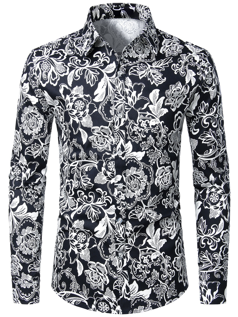Camisa floral de algodón casual con botones de manga larga para hombre