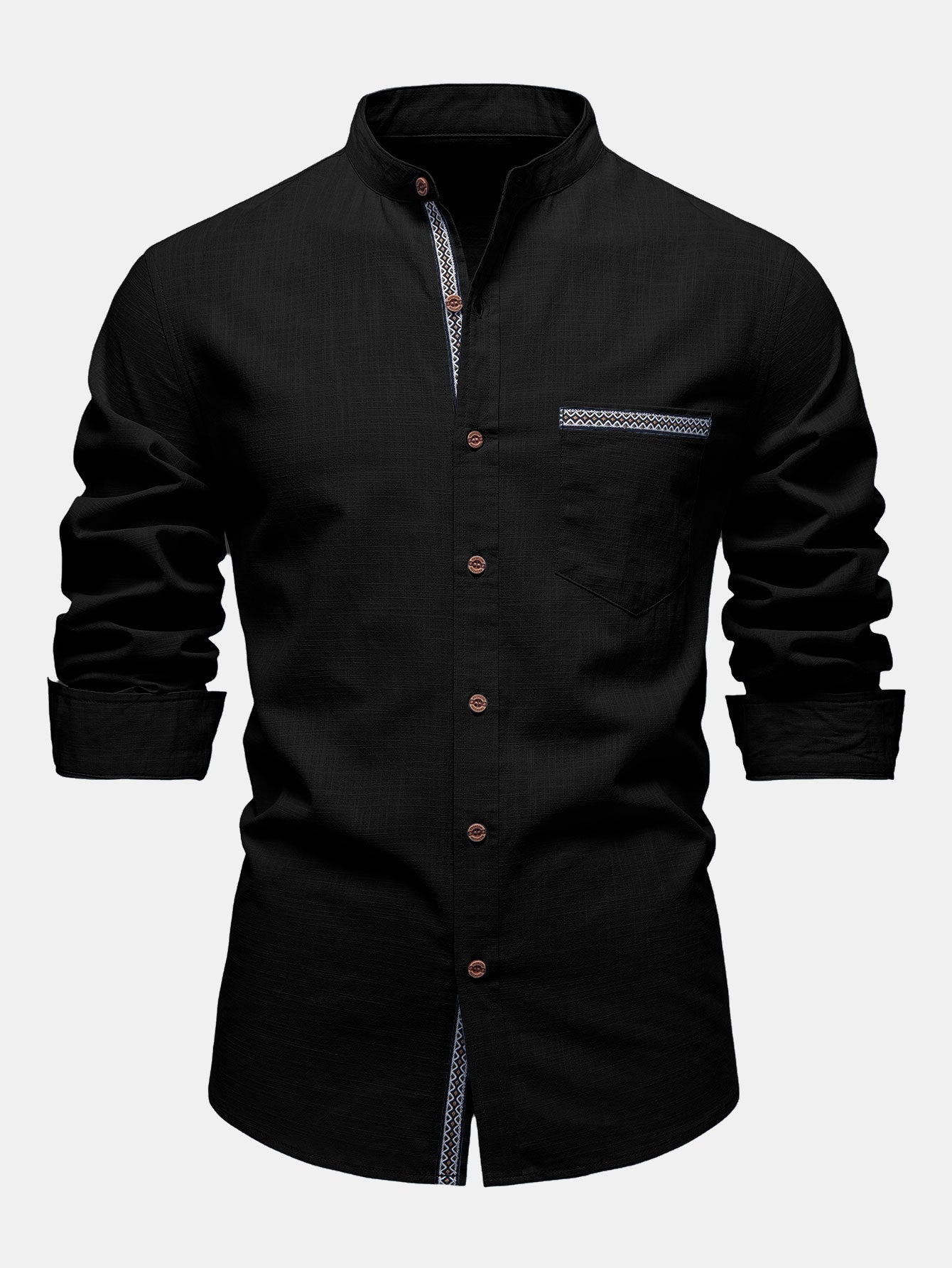 Camisa Contrast Trim de lino Look Stand Collar