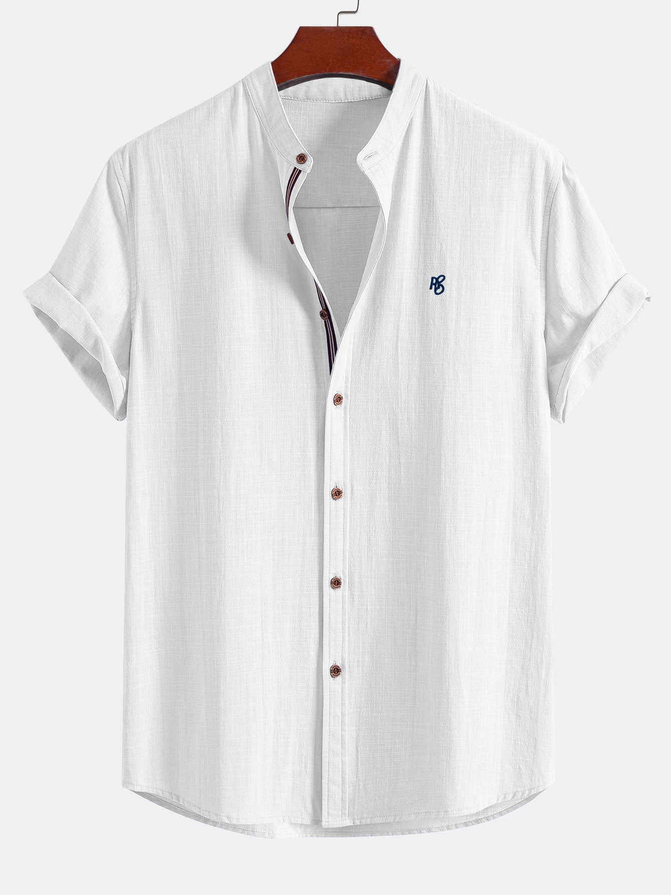 Camisa de manga corta de lino Look Stand Collar