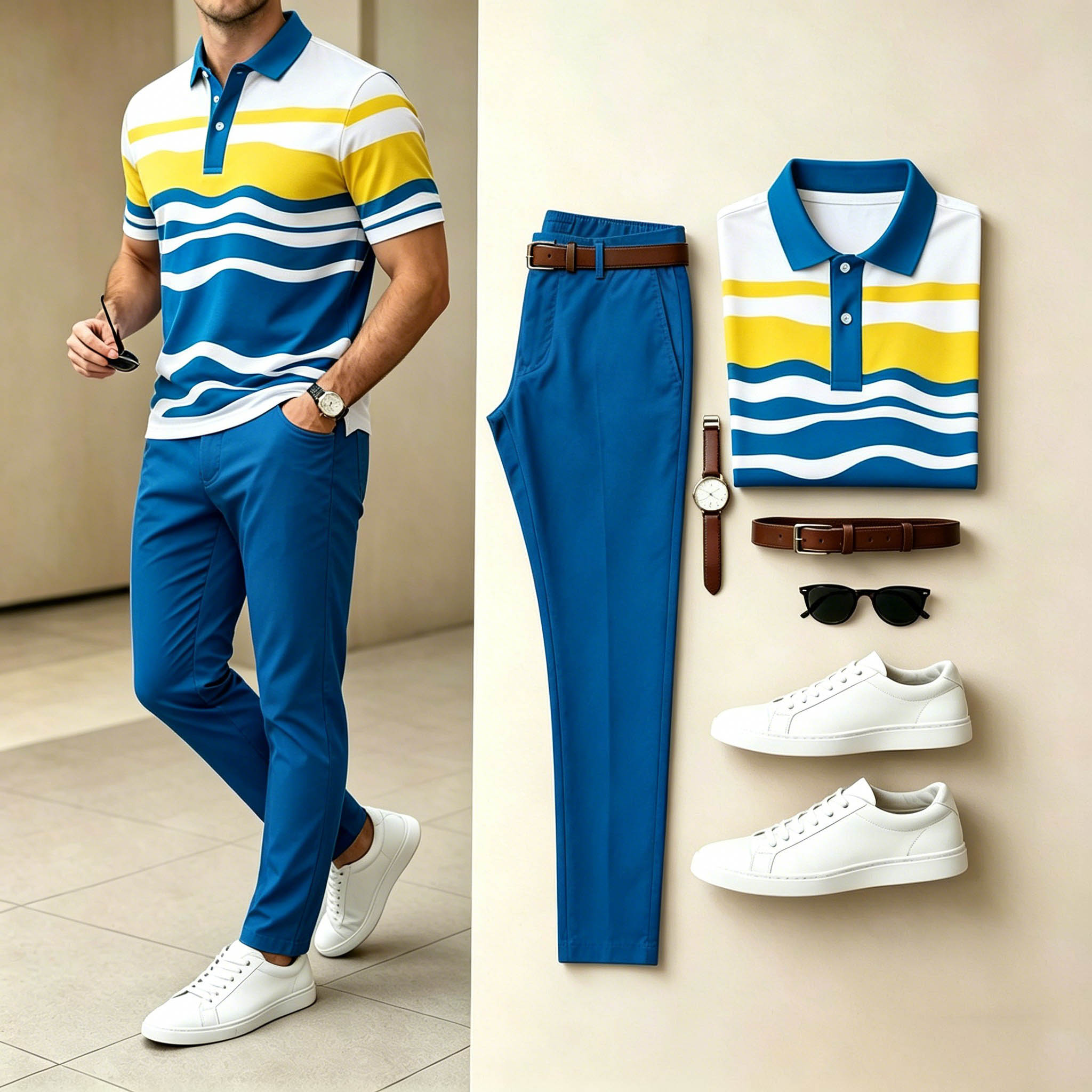 Conjunto de dos piezas casual Blue Yellow Wave rayas estampado camisa polo & Bright Blue pantalón para hombre