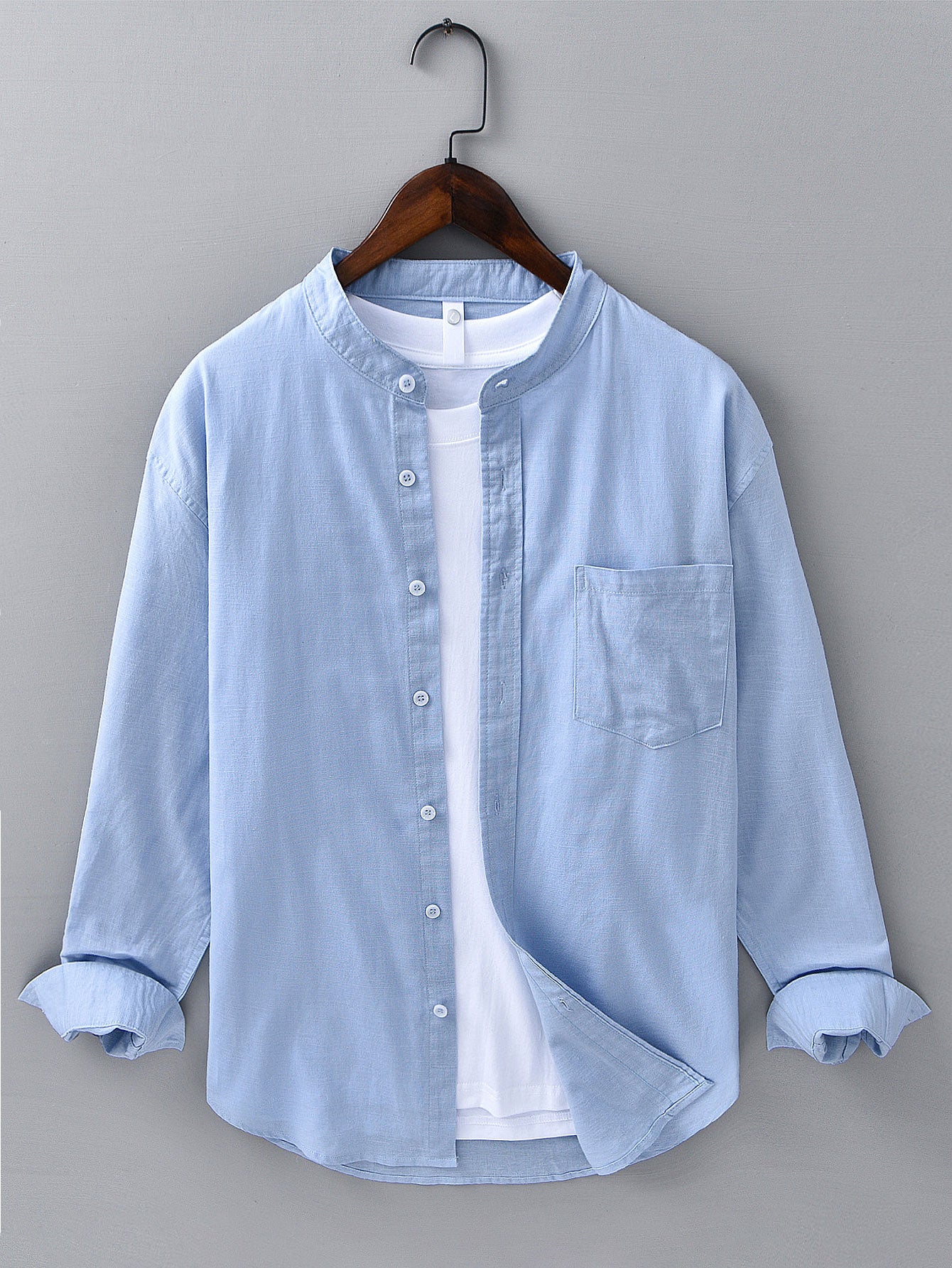 Camisa de manga larga de lino de algodón Stand Collar With Pocket