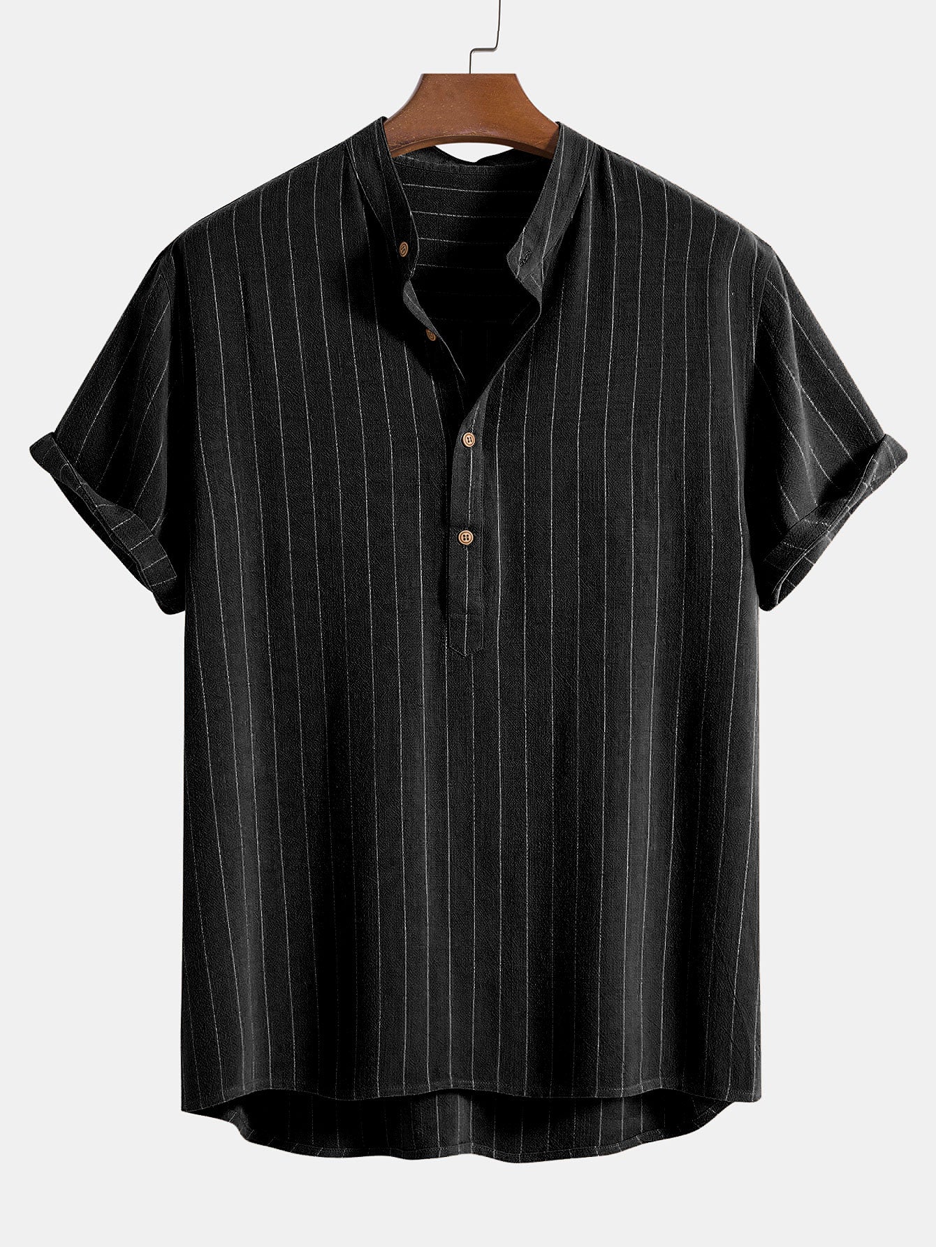Camisa de lino Blend a rayas Half Open Placket Henley Collar