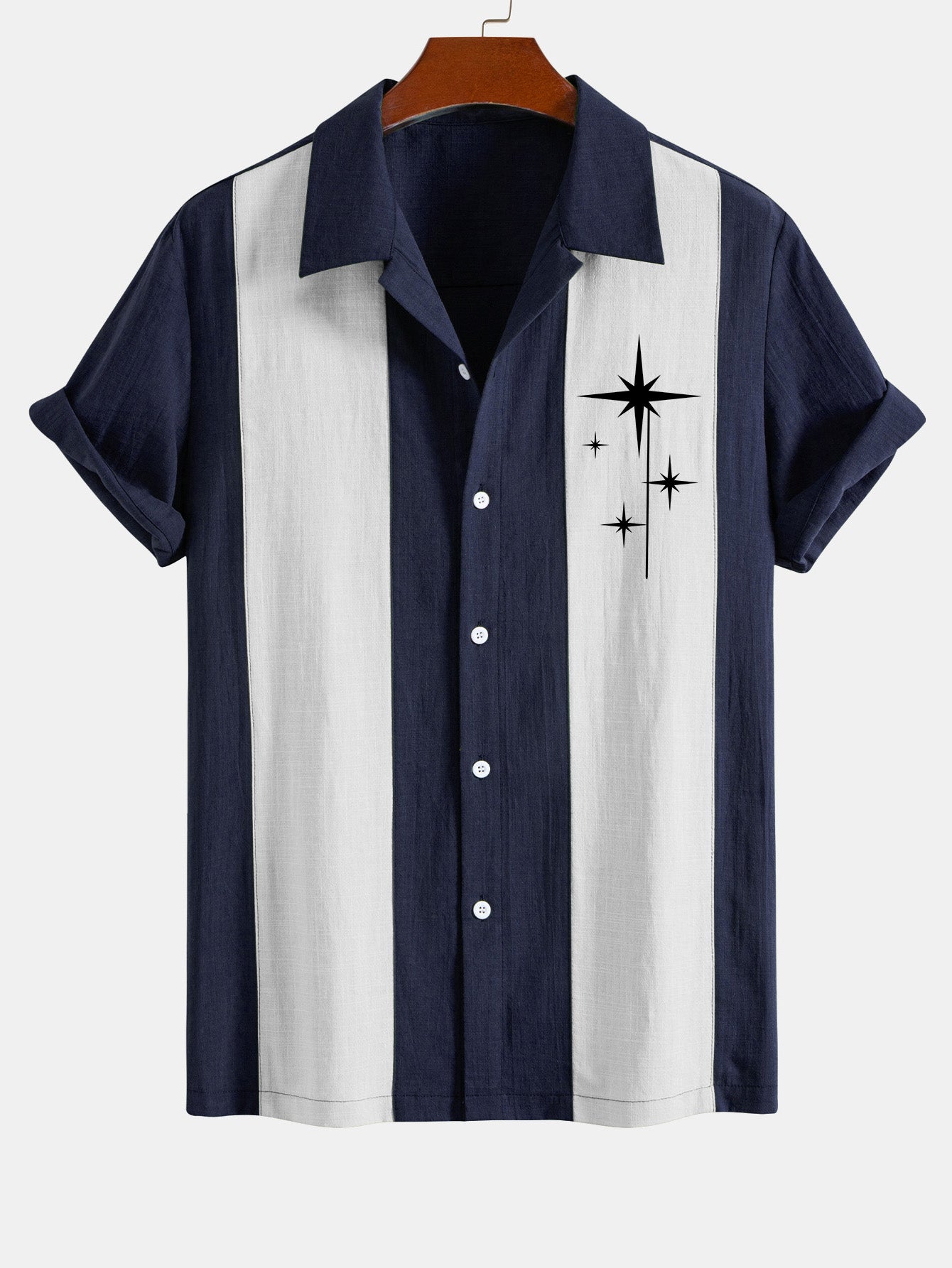 Camisa Mid Century Starbursts estampado de lino Look Patchpara trabajo Bowling
