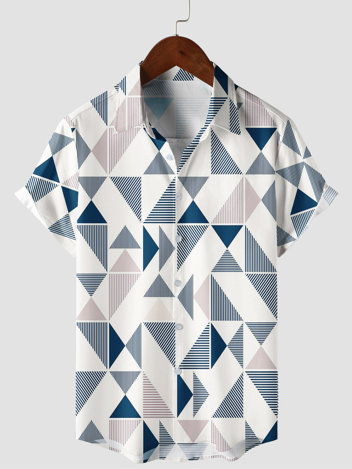 Camisa casual Art Blue and White Triangle Geometric estampado de manga corta Summer Beach Button Up para hombre