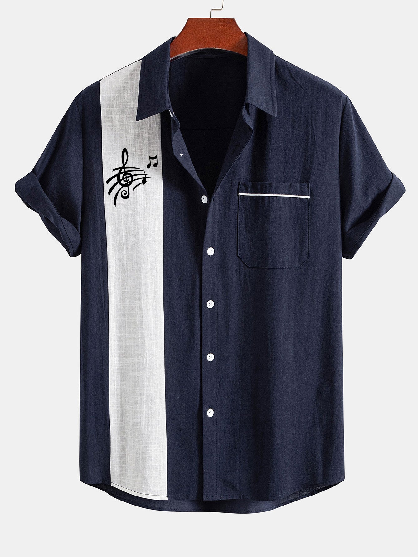 Camisa Musical Note estampado de lino Look Contrast Button Up