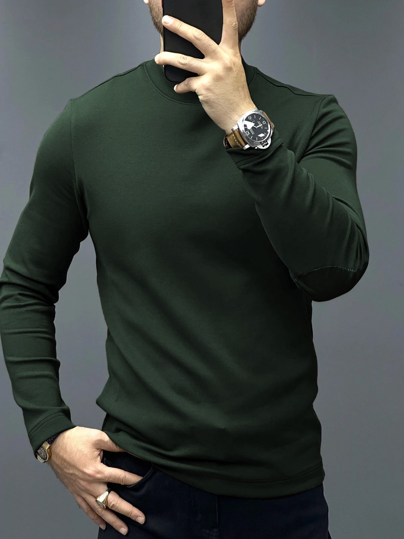 Modal Blend Elbow Patch de manga larga Tee:de corte entallado