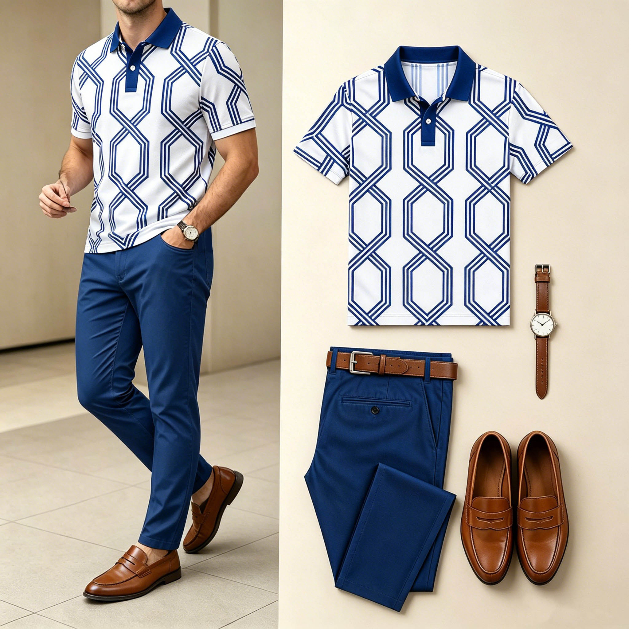 Camisa polo ejecutivo Geometric Interlocking Line estampado And elástico Trousers Two-Piece Outfit Set para hombre