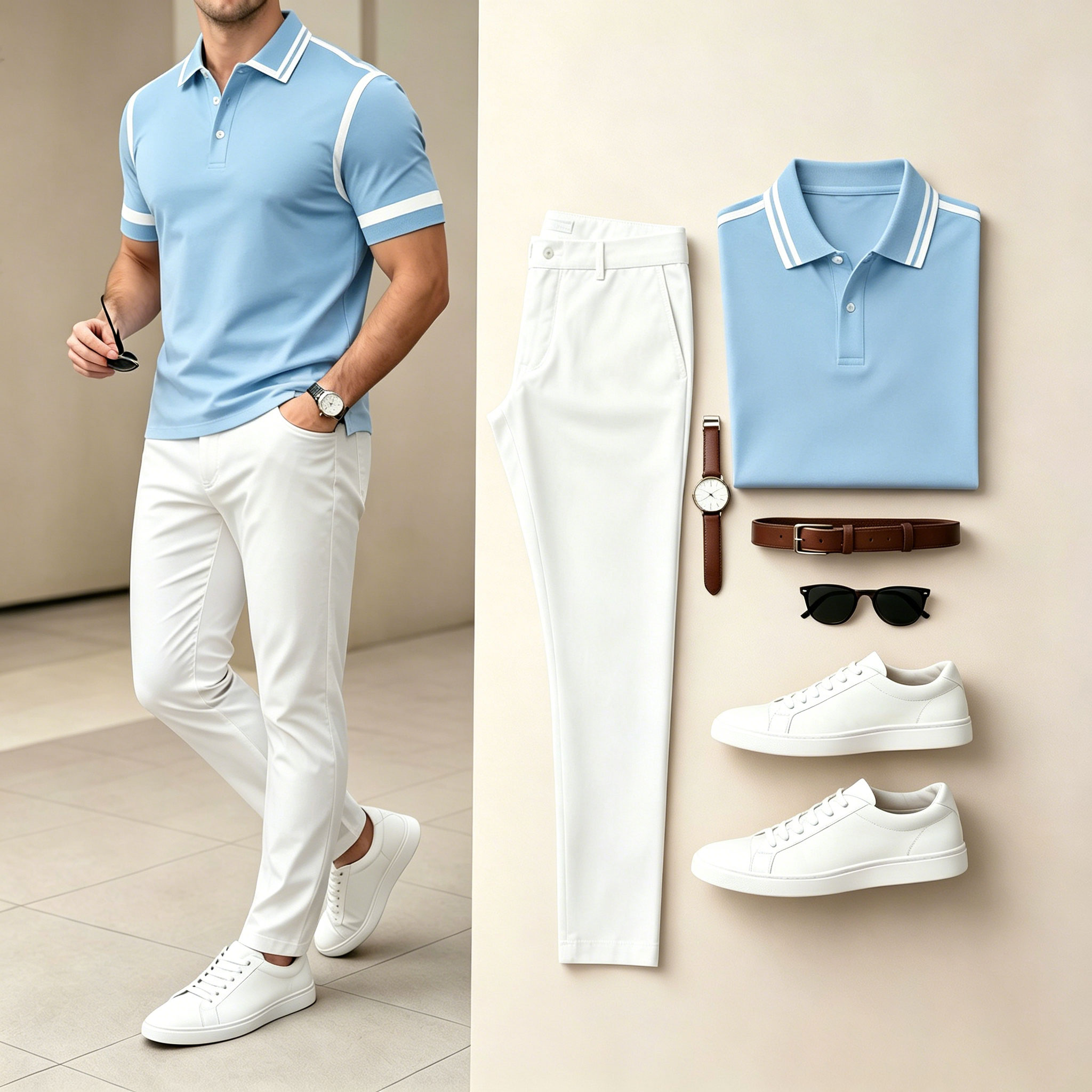 Conjunto de dos piezas Light Blue & White Color Matching Geometric estampado de manga cortas camisa polo & pantalón para hombre