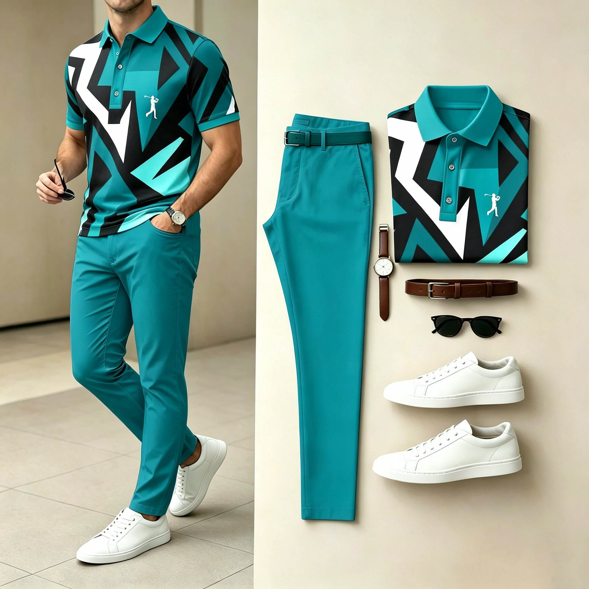 Conjunto de dos piezas casual Teal Geometric estampado camisa polo & pantalón para hombre