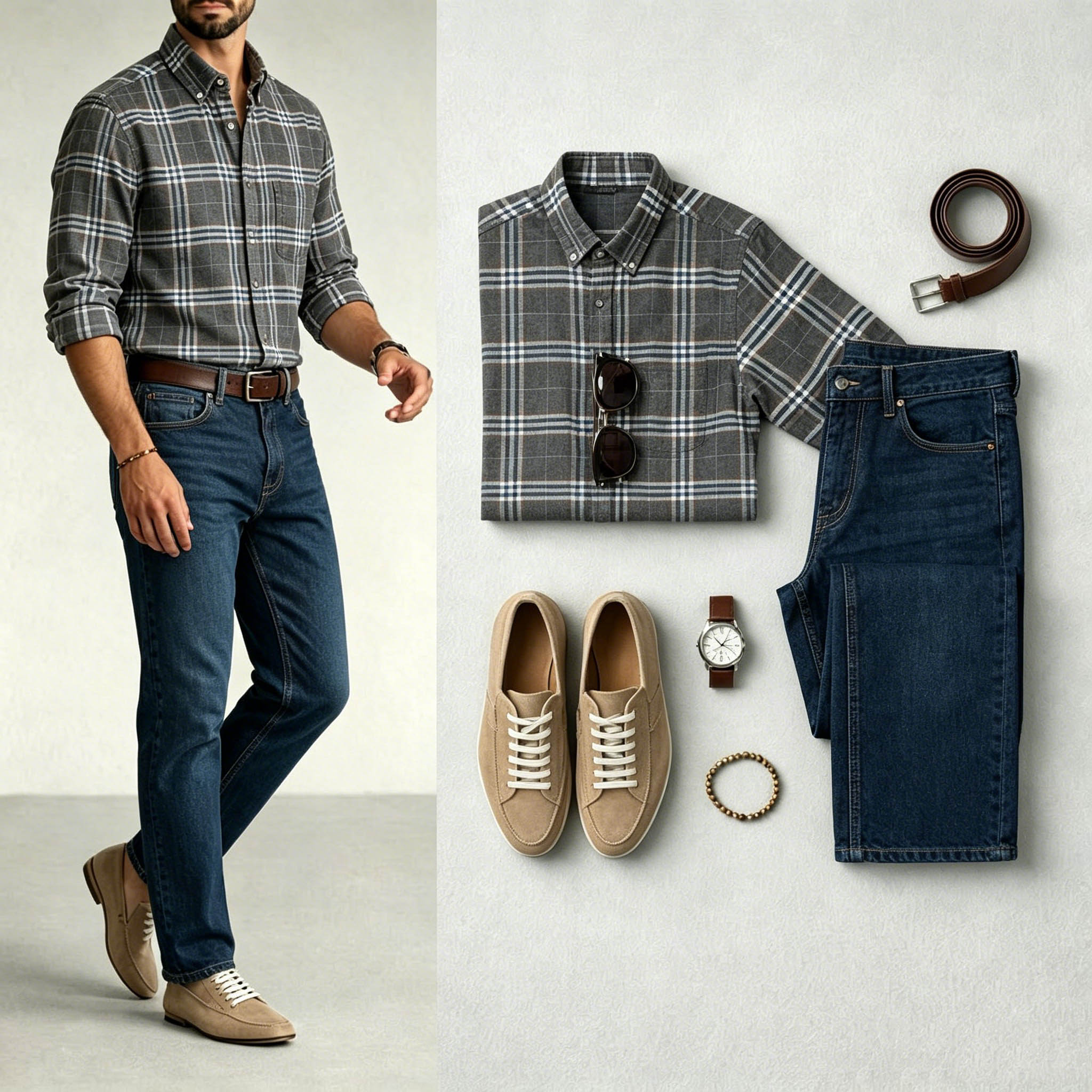 Conjunto de dos piezas Dark Gray & Navy Blue Color Matching retro Style a cuadros estampado Lapel Collar de manga largas camisa & Jeans para hombre
