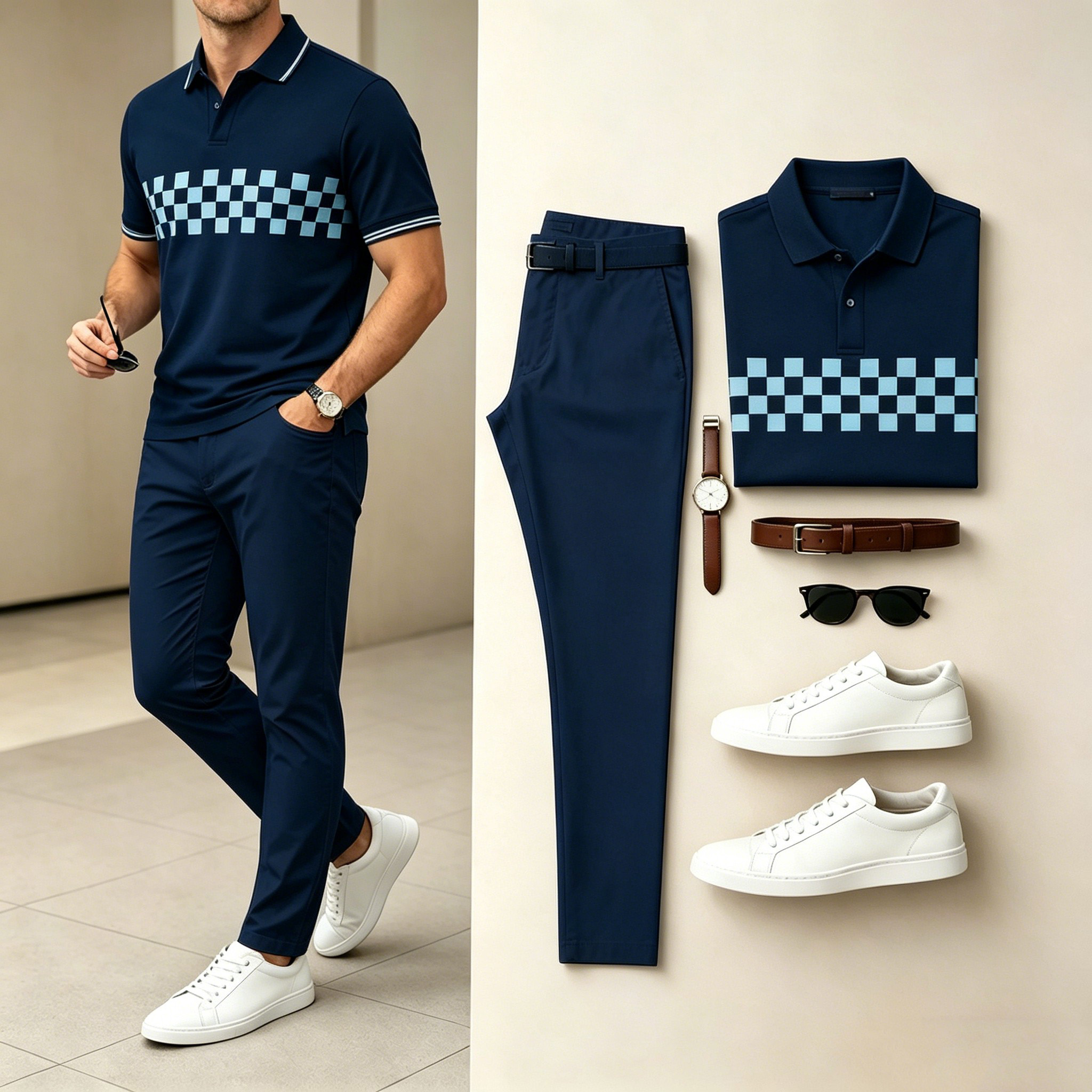 Conjunto de dos piezas casual Navy Light Blue Checker estampado camisa polo & Navy pantalón para hombre