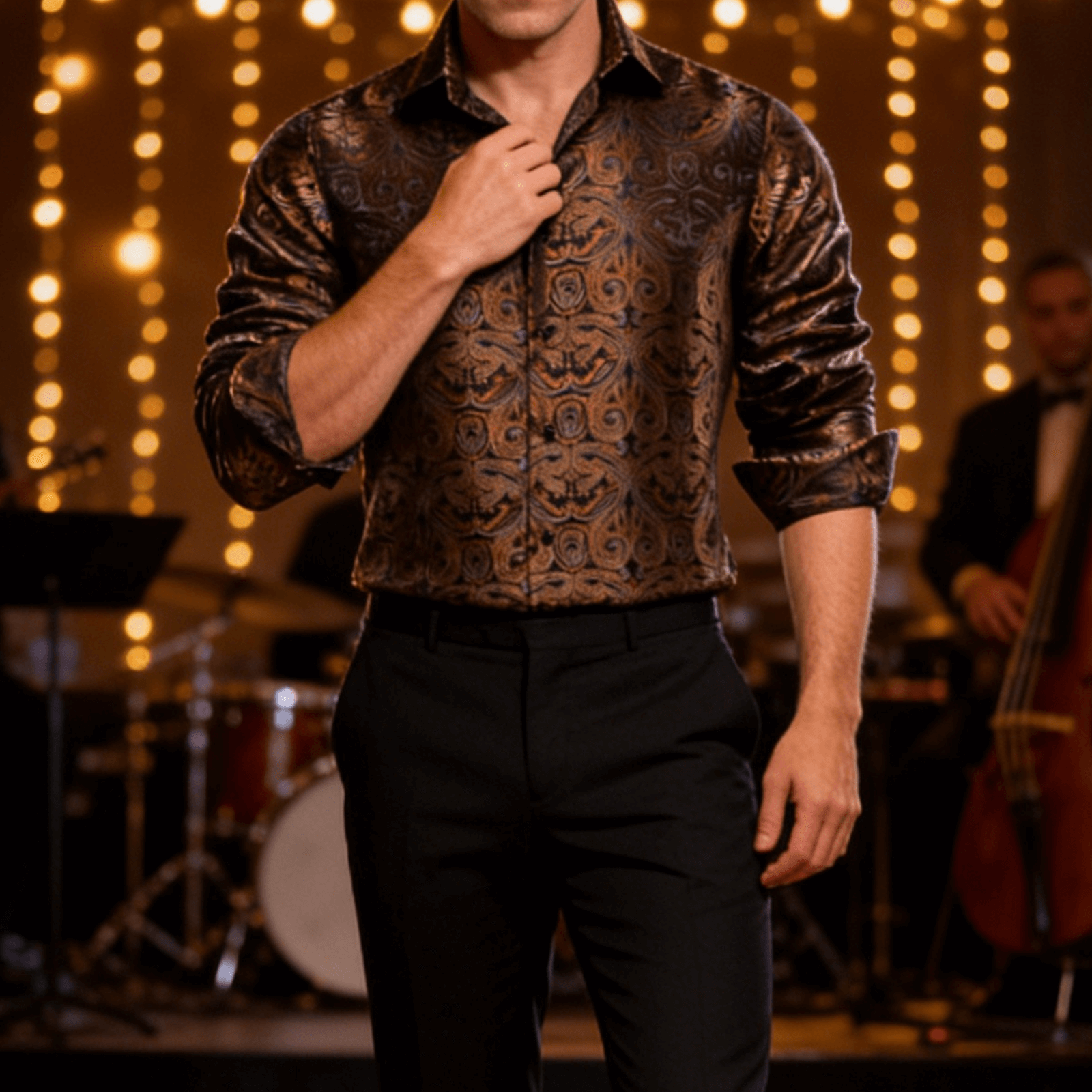 Camisa Mens Paisley de chalecoir Brown de manga larga con botones camisa