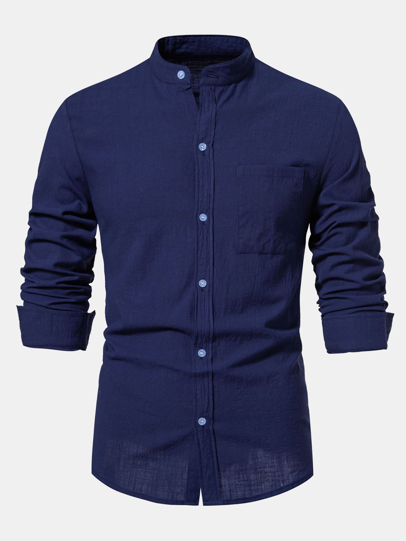 Camisa de manga larga de lino Look Stand Collar