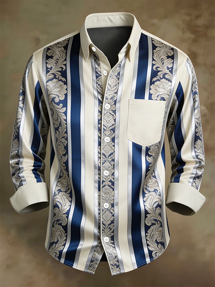 Camisa retro ejecutivo casual Baroque a rayas de manga larga para hombre