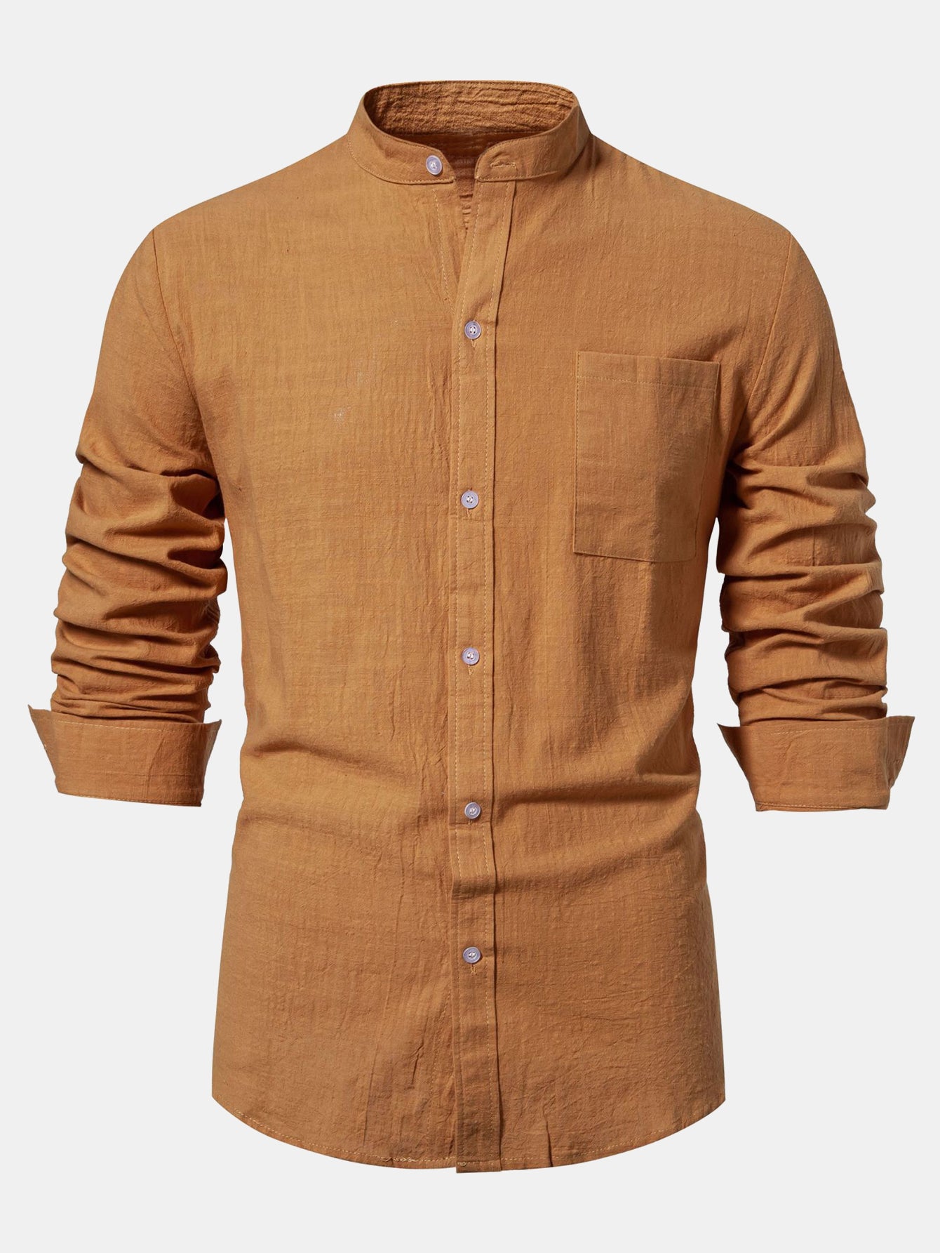 Camisa de manga larga de lino Look Stand Collar