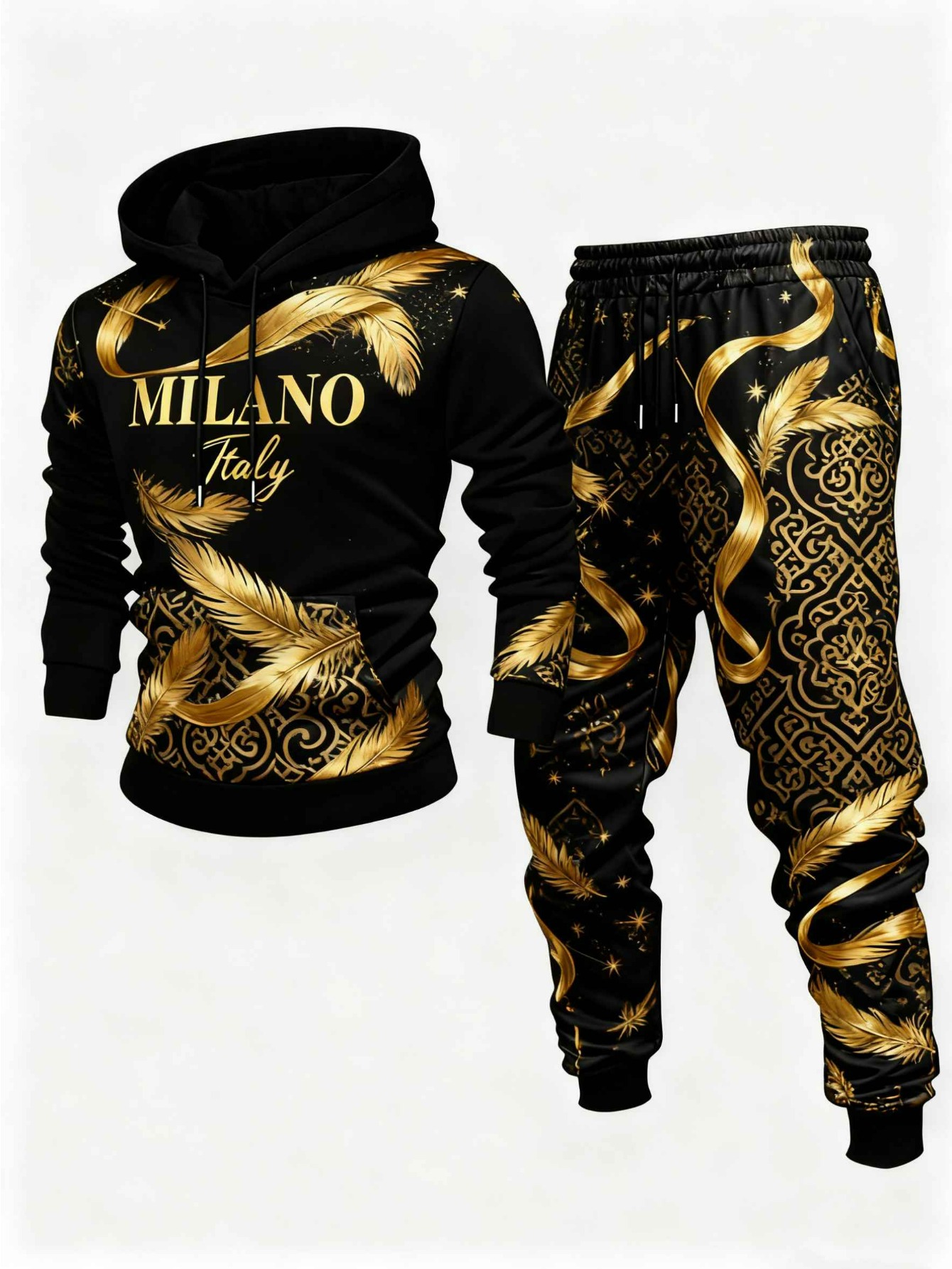 Conjunto de dos piezas casual Black & Gold Color Matching Feathers And Ribbons estampado sudadera con capuchas de manga larga sudaderas & Sweatpantalón para hombre