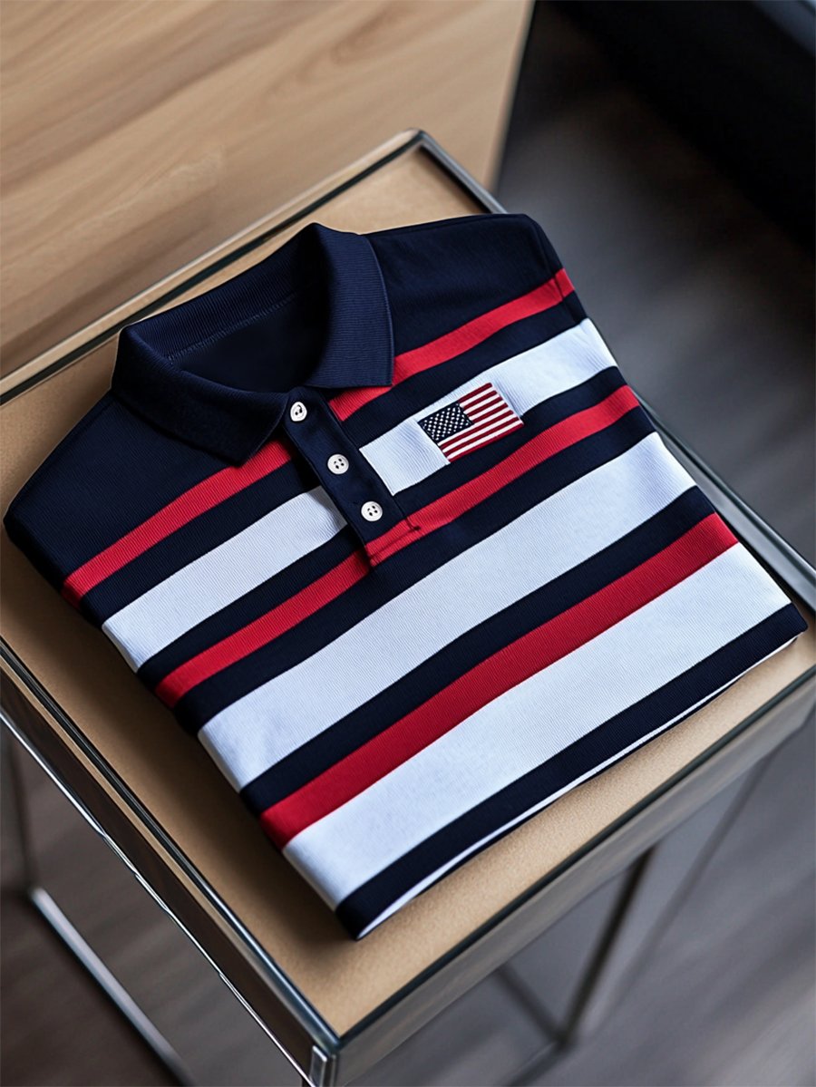 Camisa polo ejecutivo casual Independence Day a rayas Button de manga corta para hombre