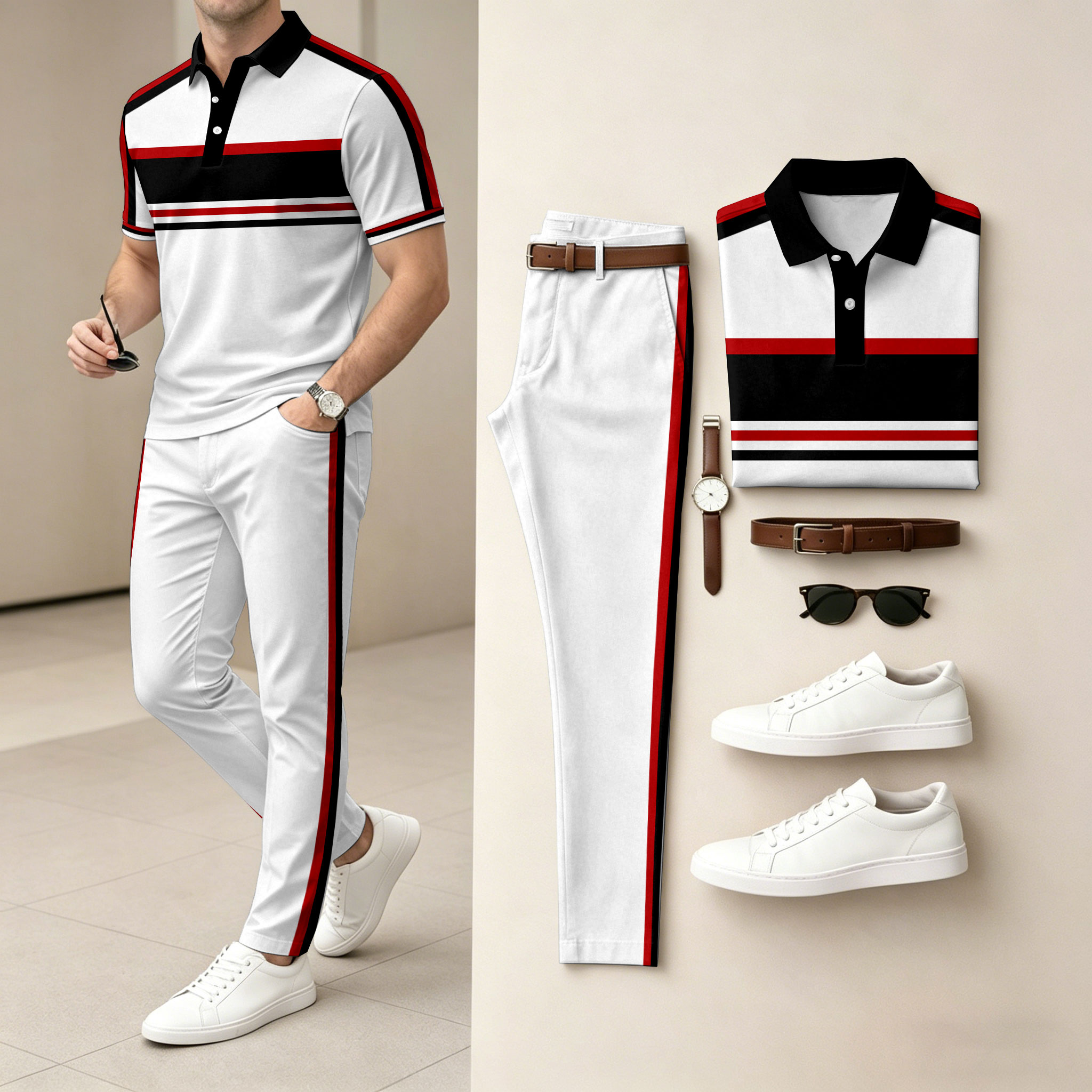 para hombre casual a rayas Patchwork-Print de manga corta camisa polo and pantalón conjunto de dos piezas