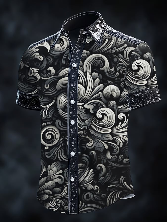 Camisa vintage Dark Baroque estampado de manga corta para hombre