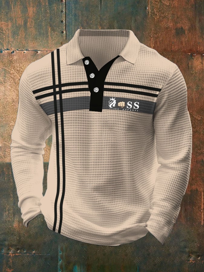 Camisa polo retro Lettering Design Waffle Fabric de manga larga para hombre