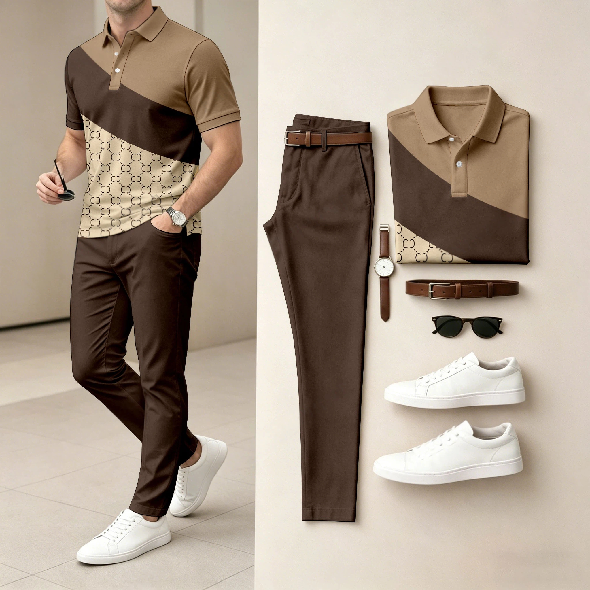 Conjunto de dos piezas casual Contrasting estampado camisa polo And pantalón para hombre