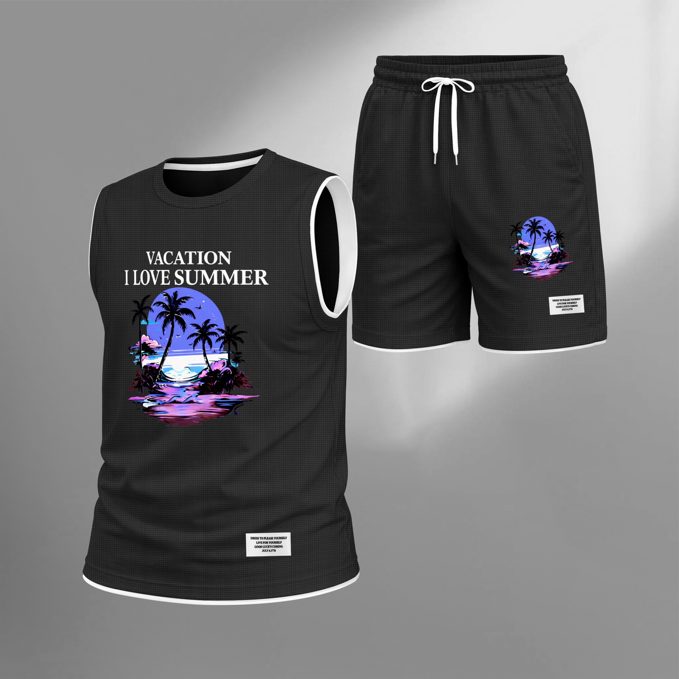 Shorts Tropical Beach Graphic estampado Summer Set Sleeveless Tank Top & Matching Outfit, Vacation Island estampado Lightweight casual Streetwear Set for Everyday & Holiday para hombre