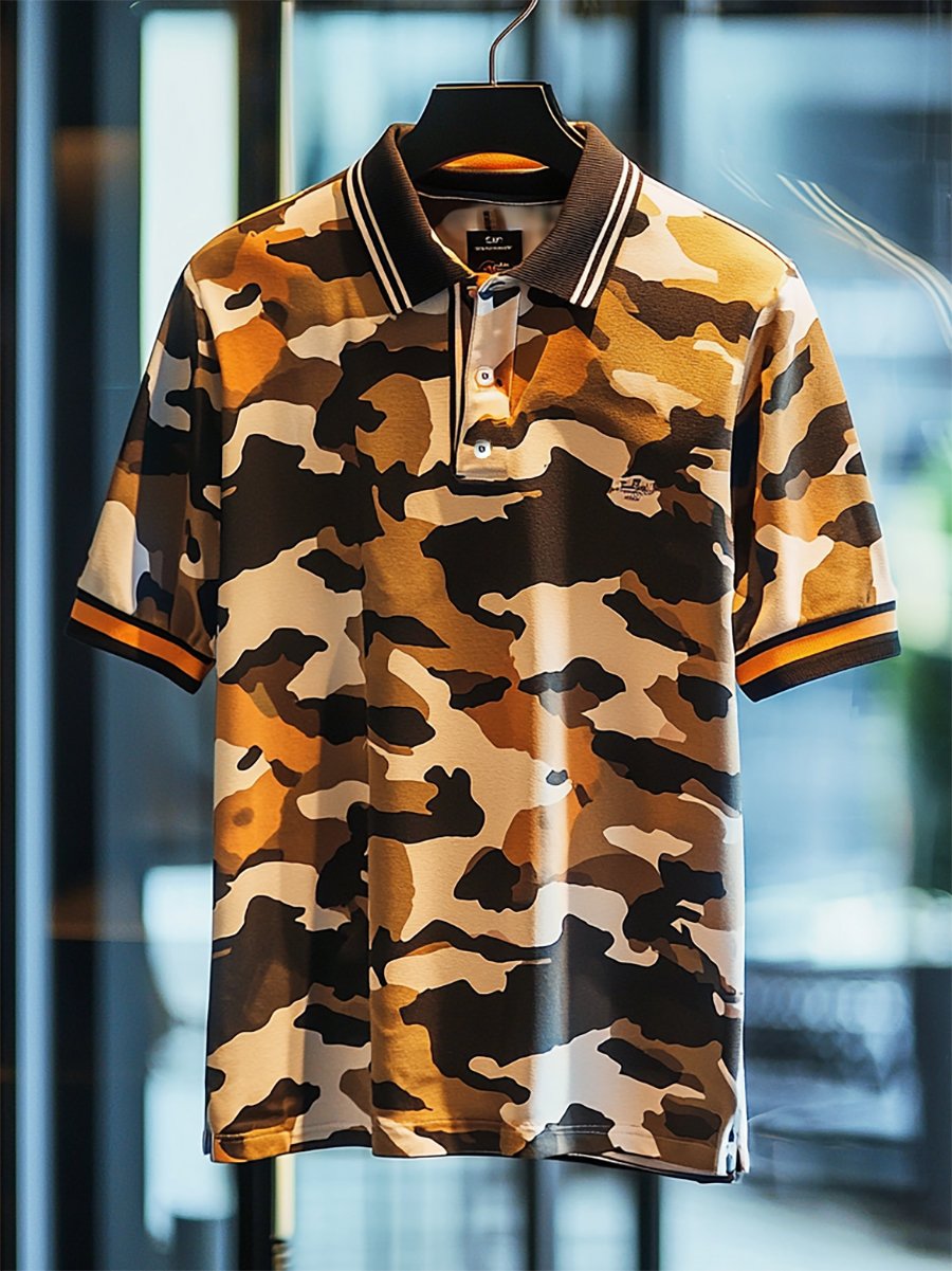 Camisa polo casual ejecutivo camuflaje estampado Button de manga corta para hombre