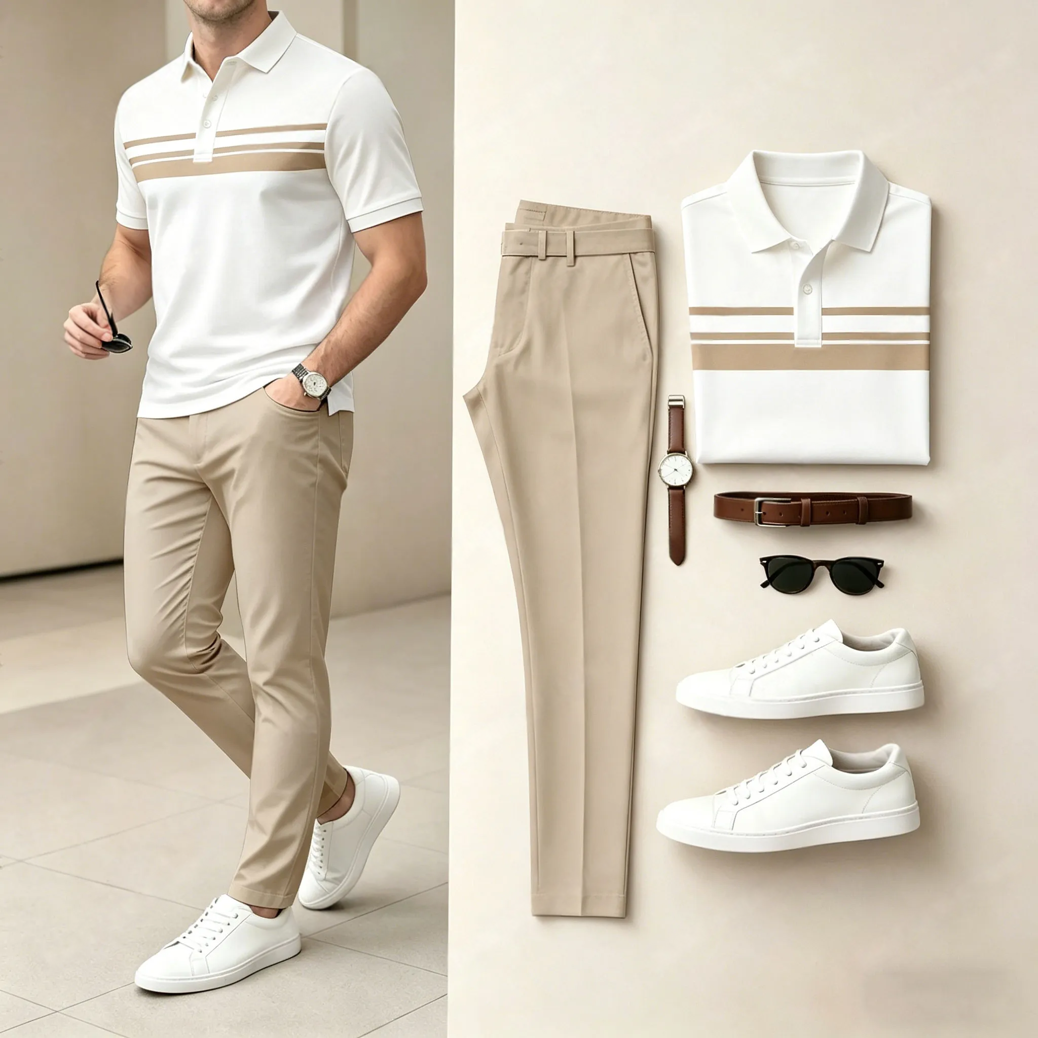 para hombre casual White Geometry estampado camisa polo And pantalón conjunto de dos piezas