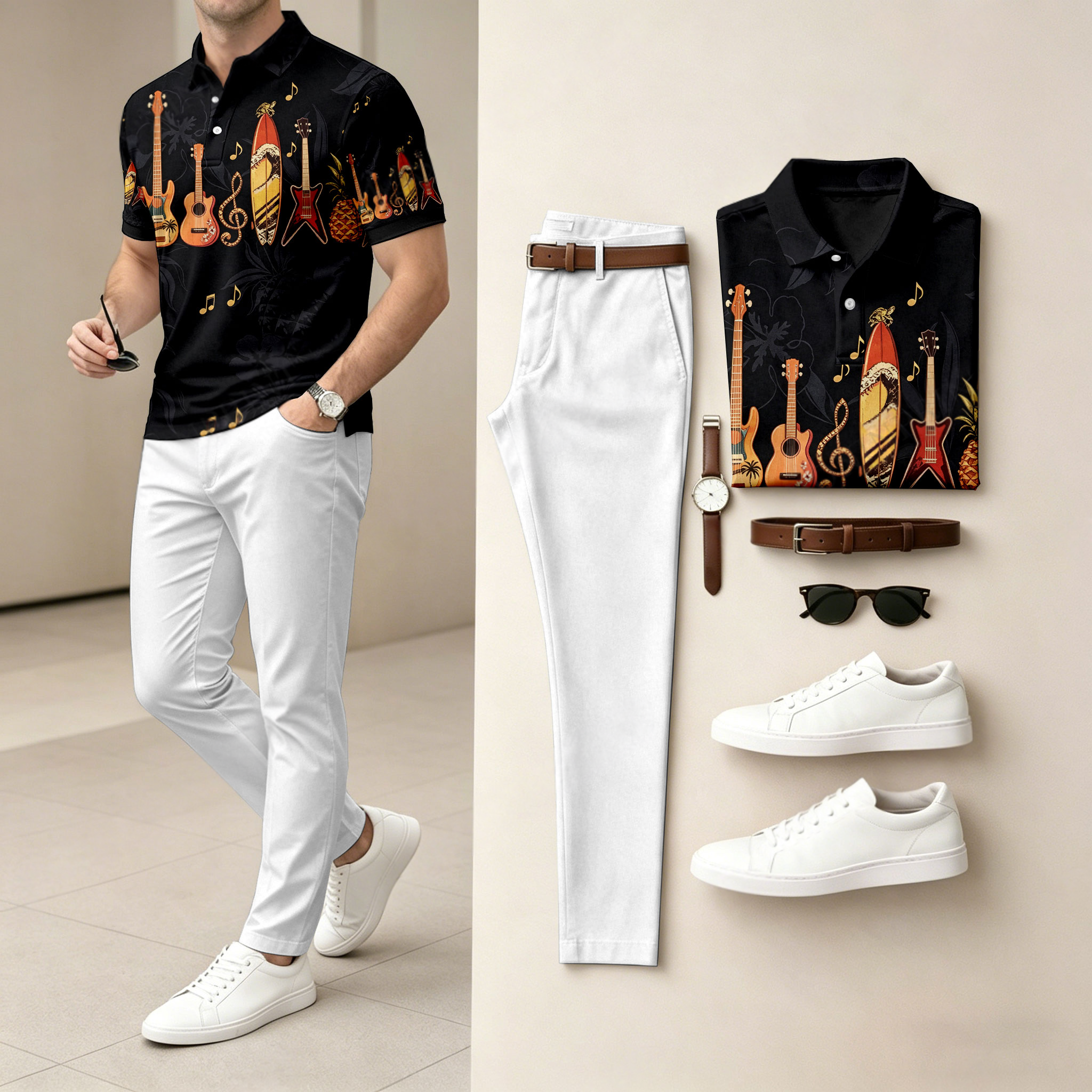 Camisa polo casual Musical Instrument estampado de manga corta And pantalón Set (Excludes Accessories Such As Watches And Belts) para hombre