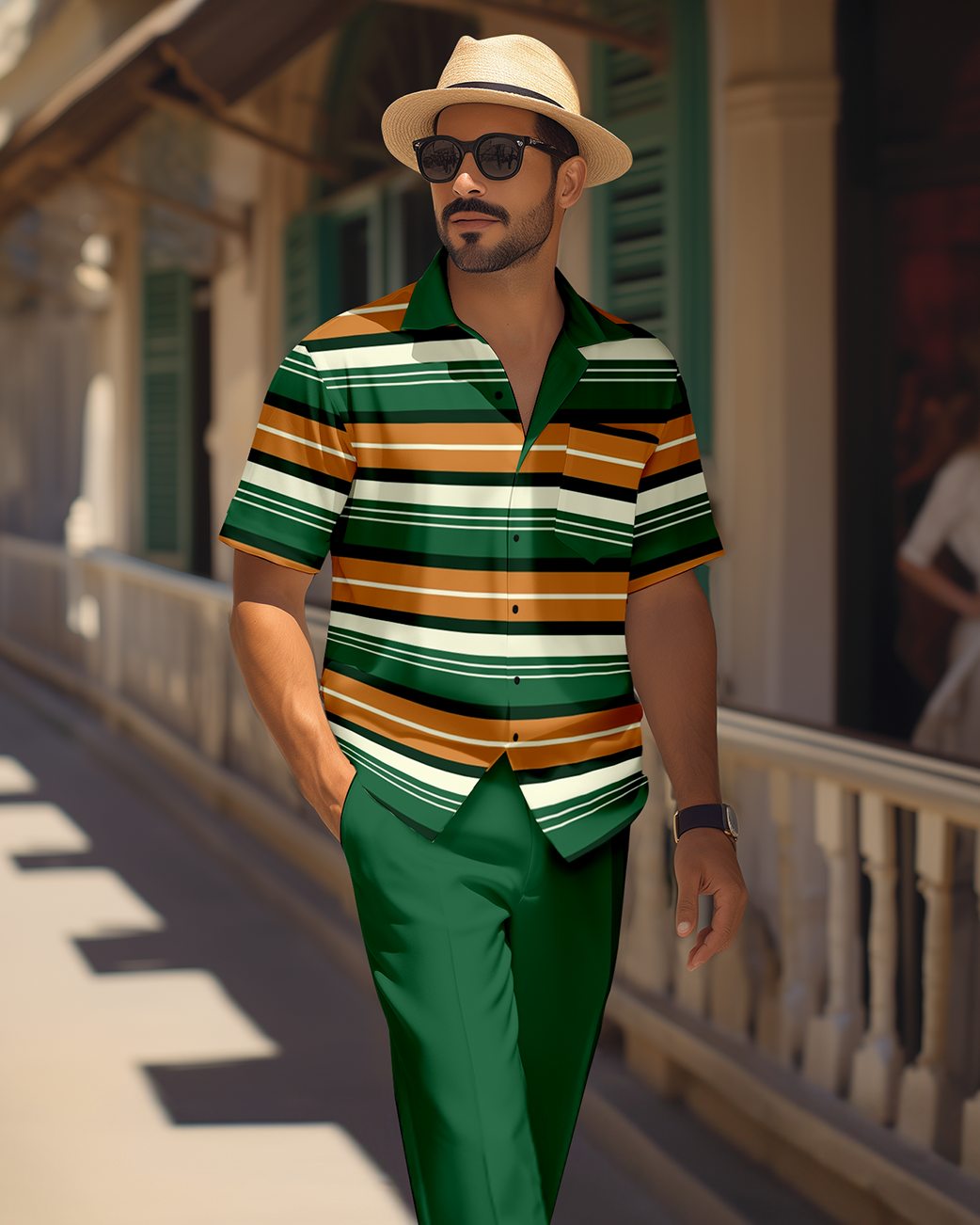 Camisa retro colorblock de manga corta walking Suit 1686 para hombre