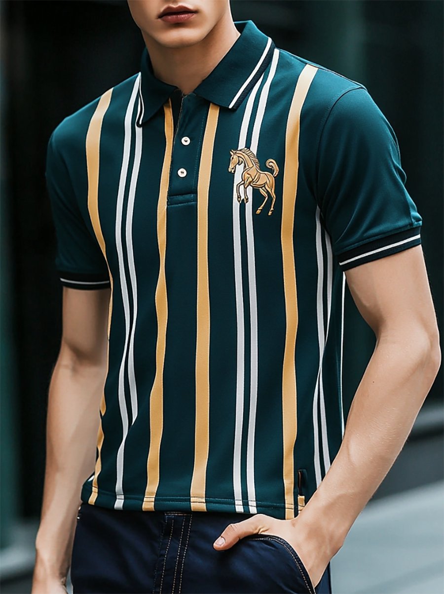 Camisa polo ejecutivo rayas con botones de manga corta para hombre