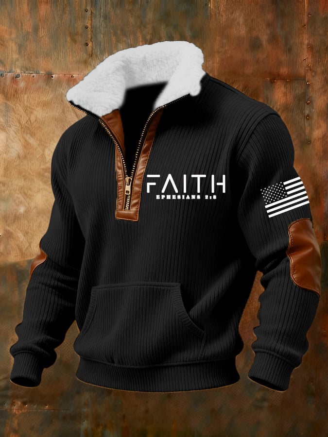 Sudadera retro Faith Cross estampado cierre Fur cuello de manga larga para hombre