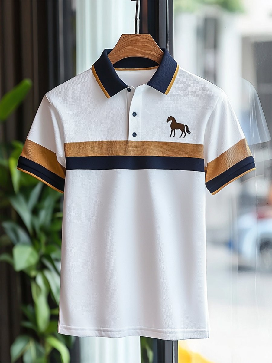 Camisa polo ejecutivo rayas Logo con botones de manga corta para hombre