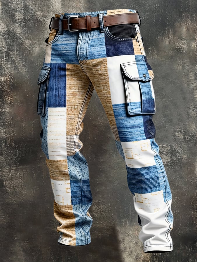 Pantalón retro en bloques de color desgastado bolsillo Cargo para hombre