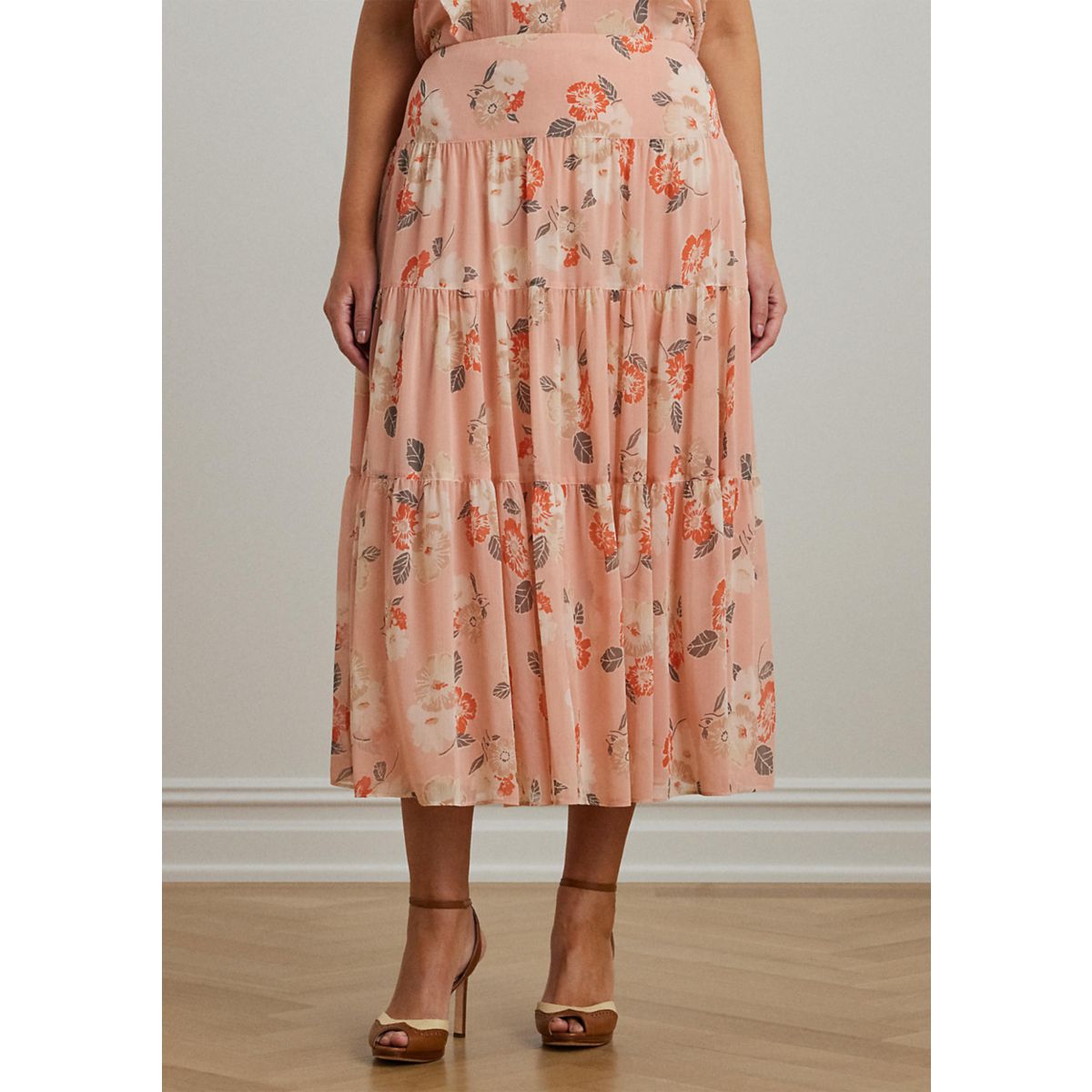 Plus Size Floral Crinkle Georgette Tiered Skirt - 1