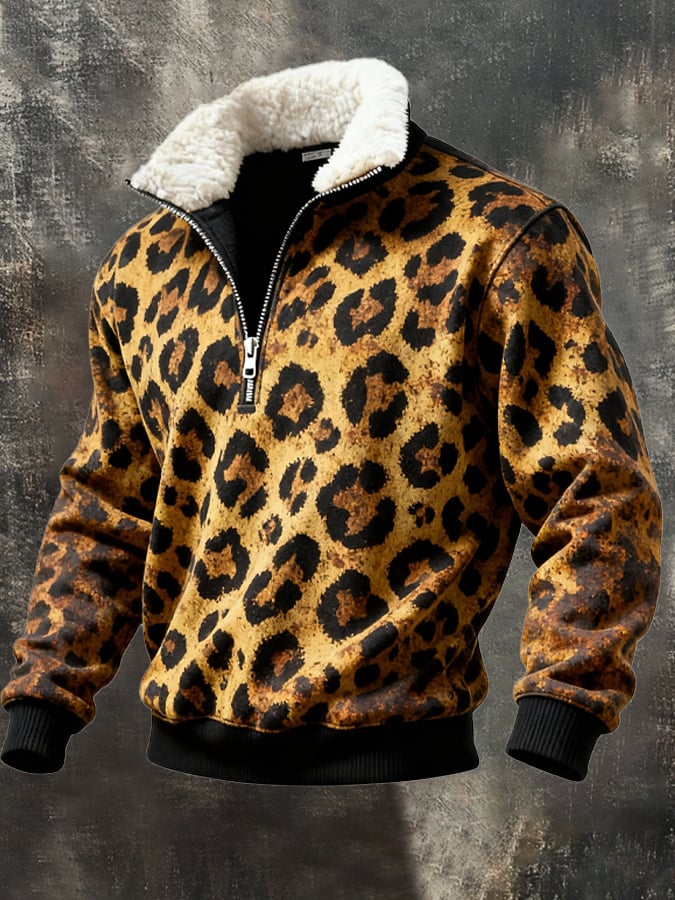 Sudadera retro Leopard estampado casual Fur cuello para hombre