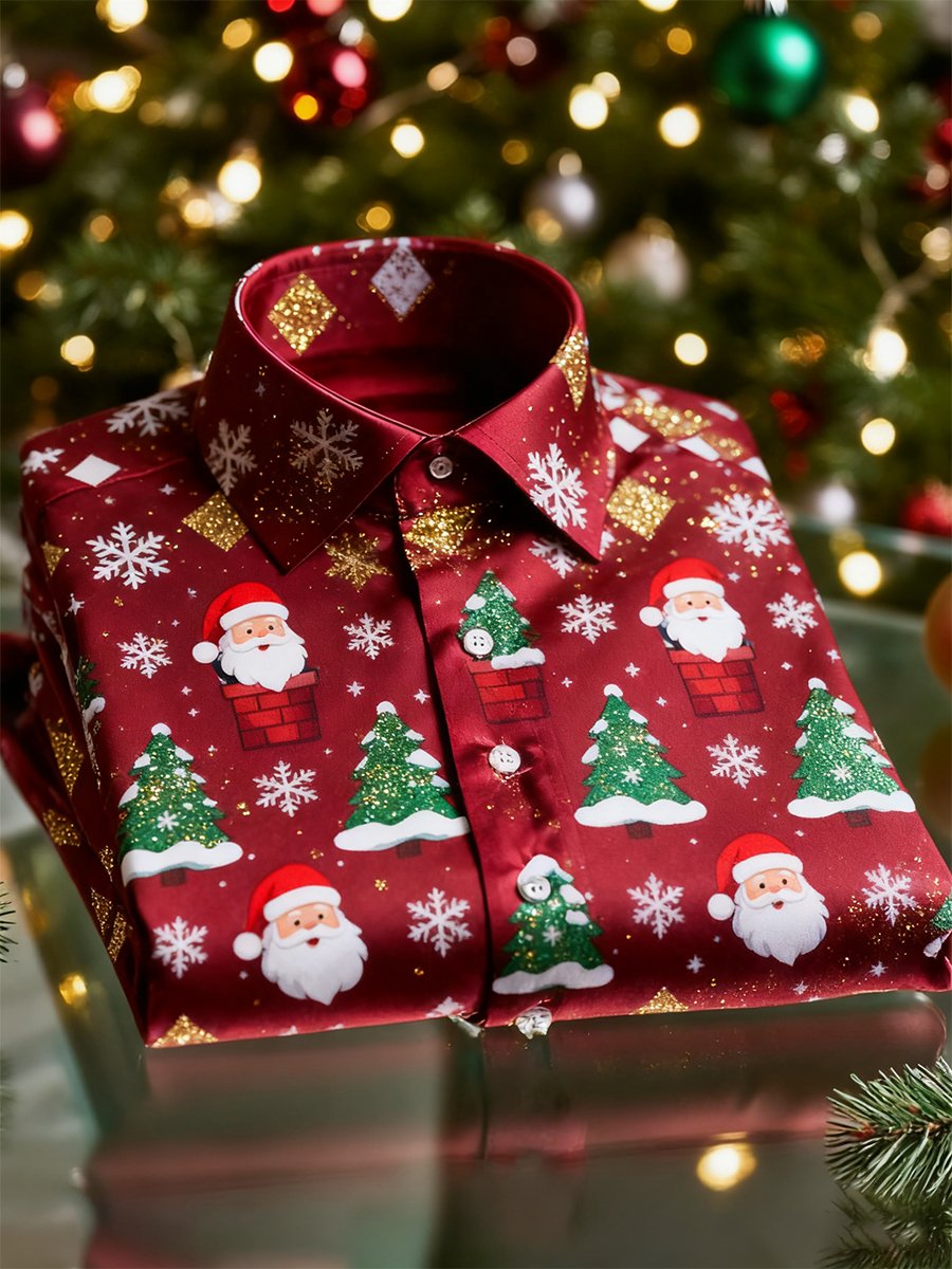 Camisa Christmas de manga larga con botones para hombre