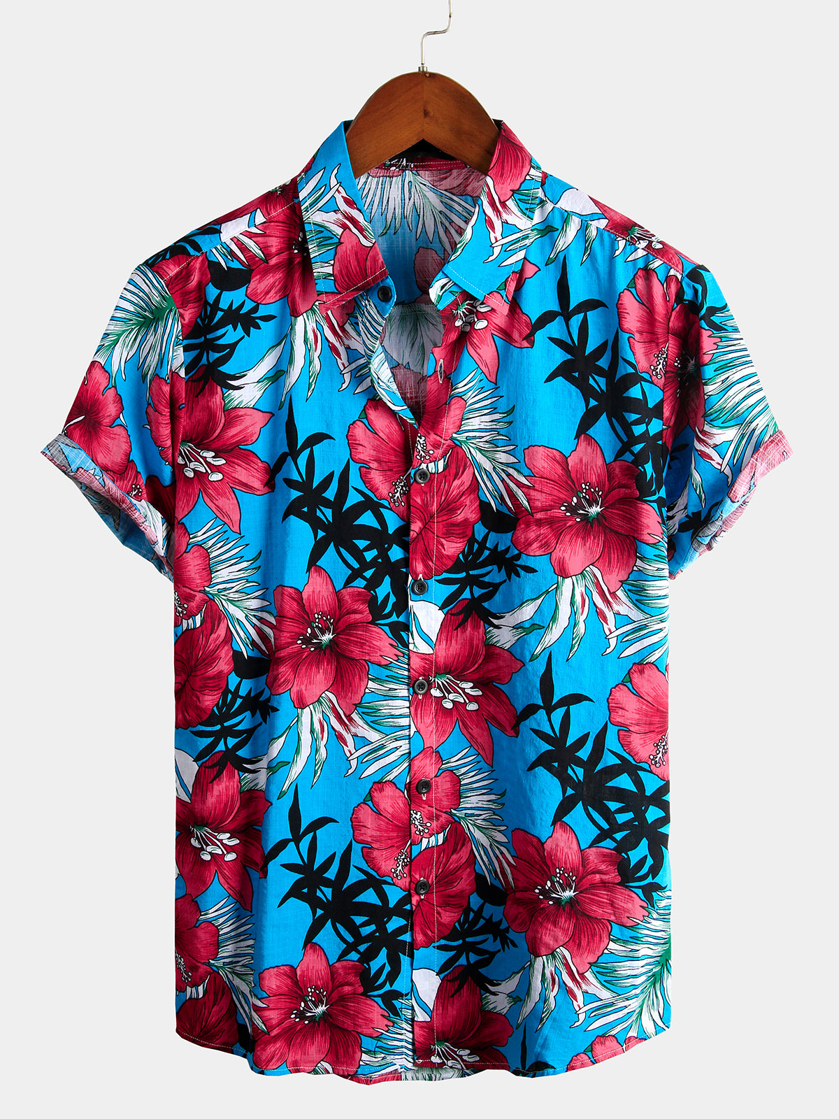 Camisa Blue Flower Tropical Hawaii de algodón de manga corta para hombre